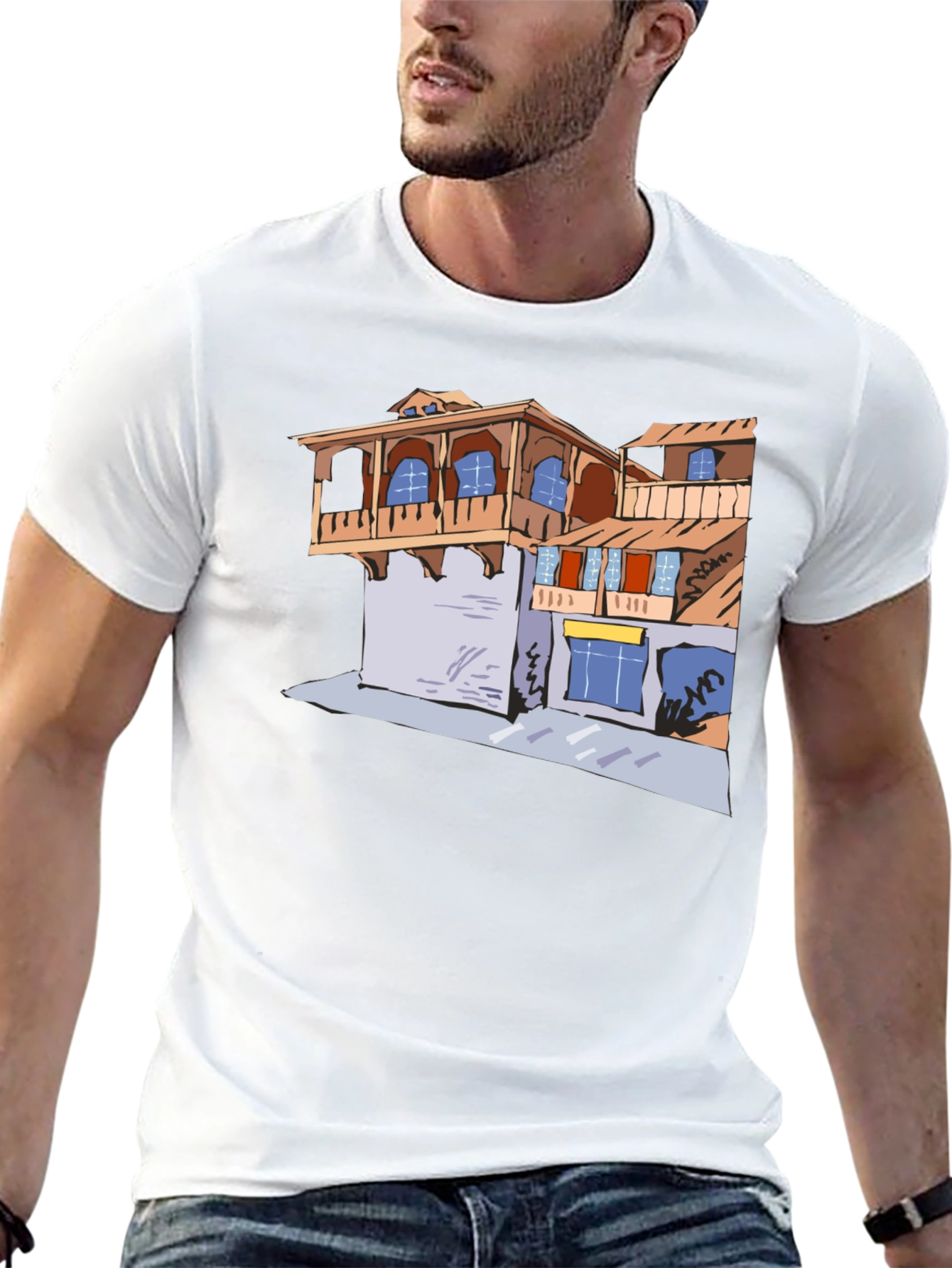 Black T-Shirt with Building Print
