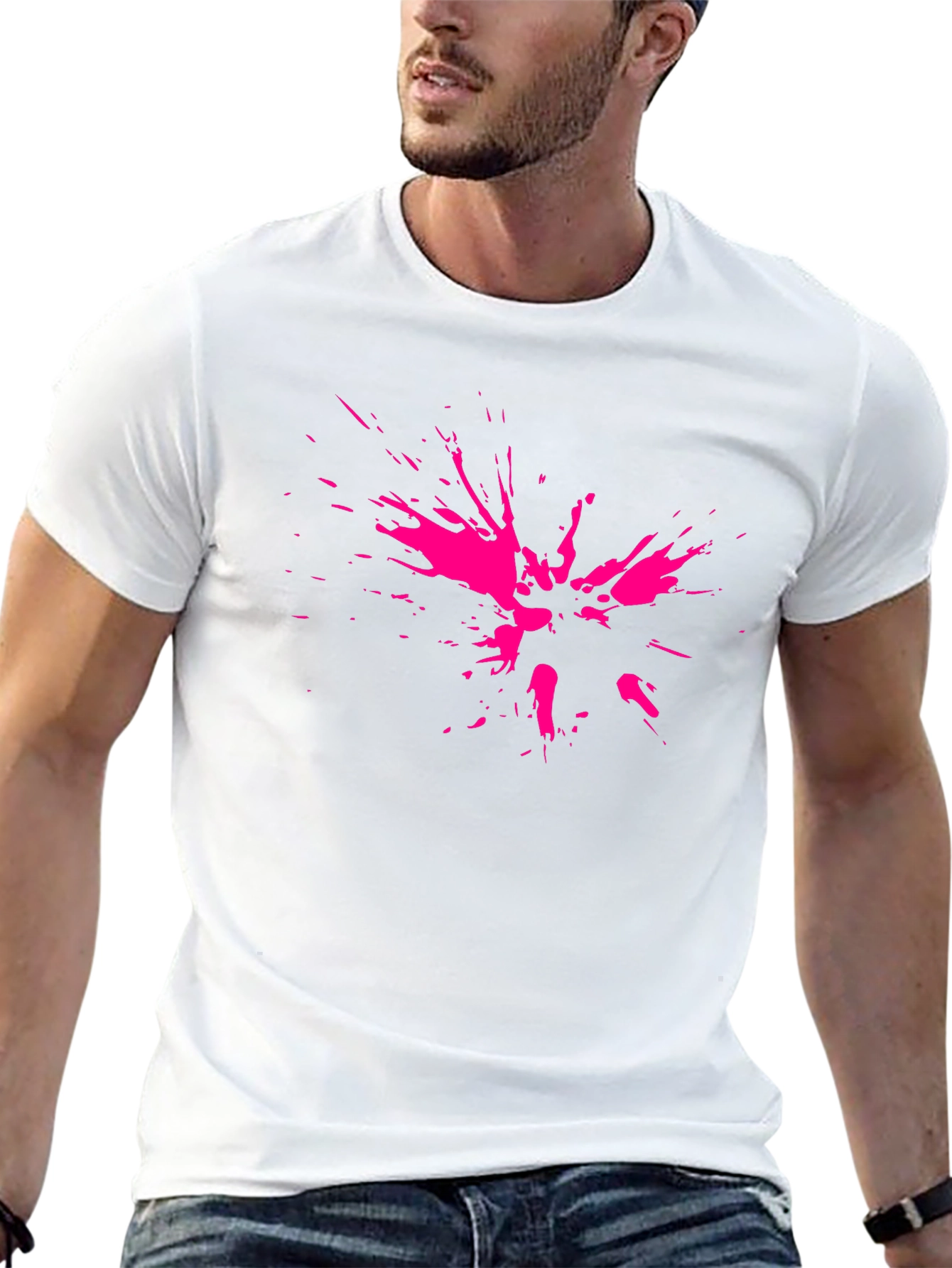 Abstract Pink Splatter Print Black T-Shirt