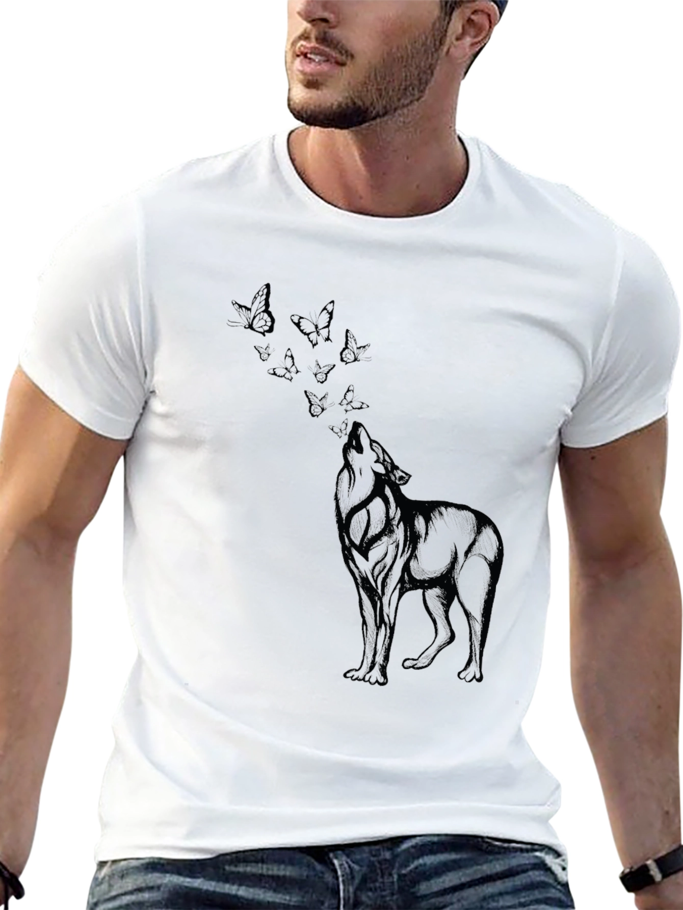 Wolf & Butterfly Graphic Tee - Black