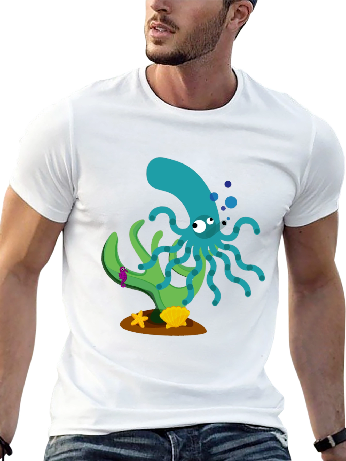 Cartoon Octopus Graphic Print Black T-Shirt