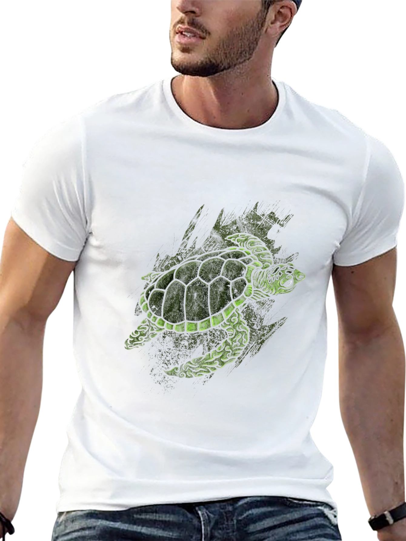 Green Turtle Graphic Print Black T-Shirt