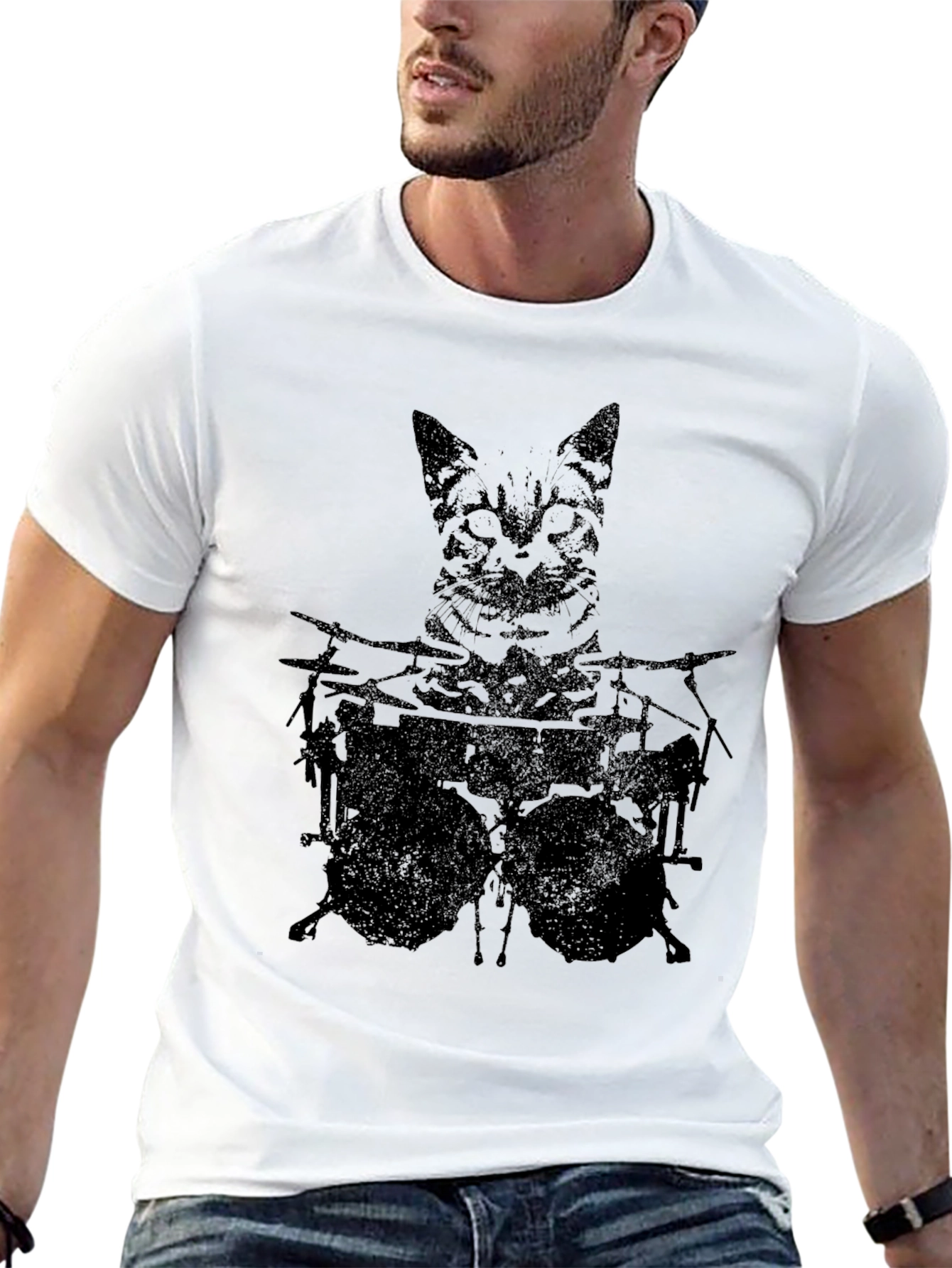 Cat Drummer Graphic Tee - Black Cotton T-Shirt