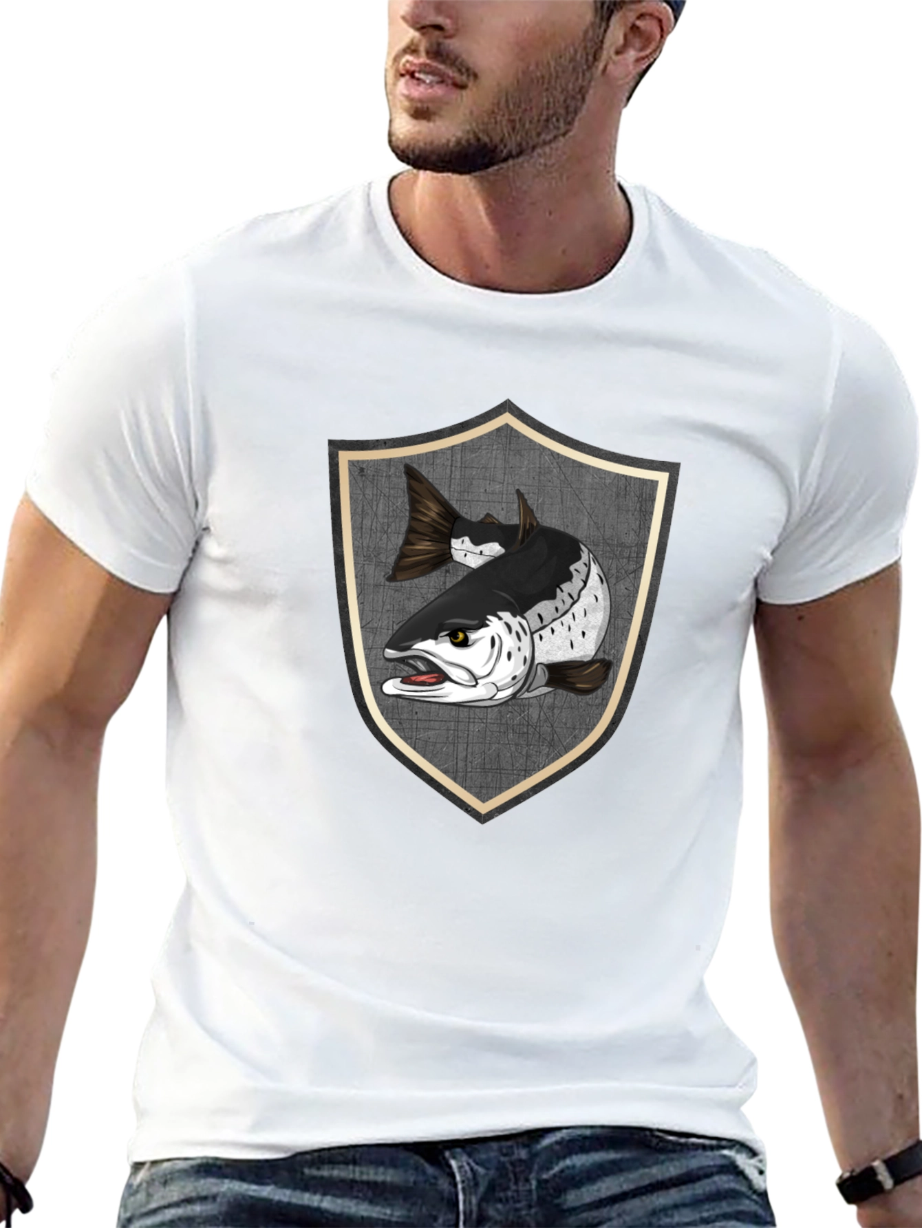 Black T-Shirt with Fish Shield Graphic