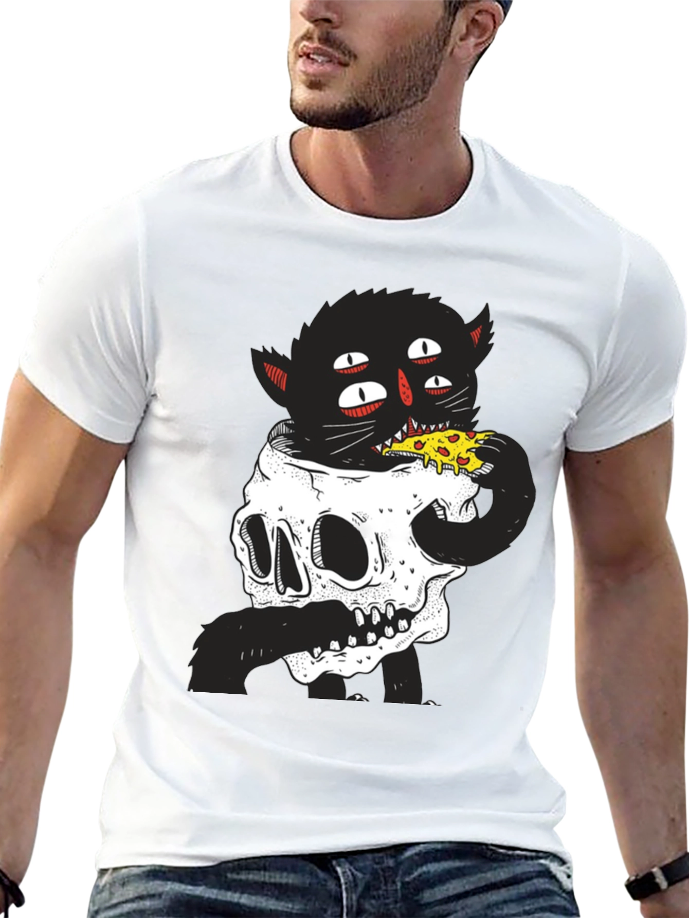 Skull Cat Pizza Black T-Shirt