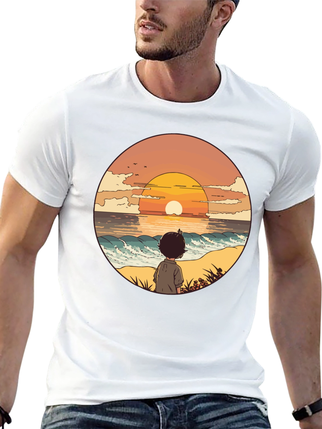 Sunset Beach Boy Graphic Tee - Black Casual Shirt