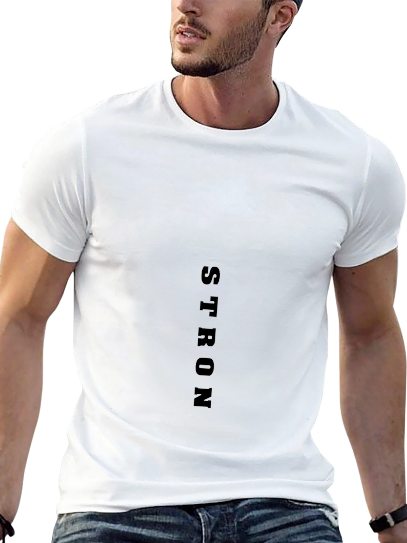 Black T-Shirt: STRON Vertical Print Casual Wear