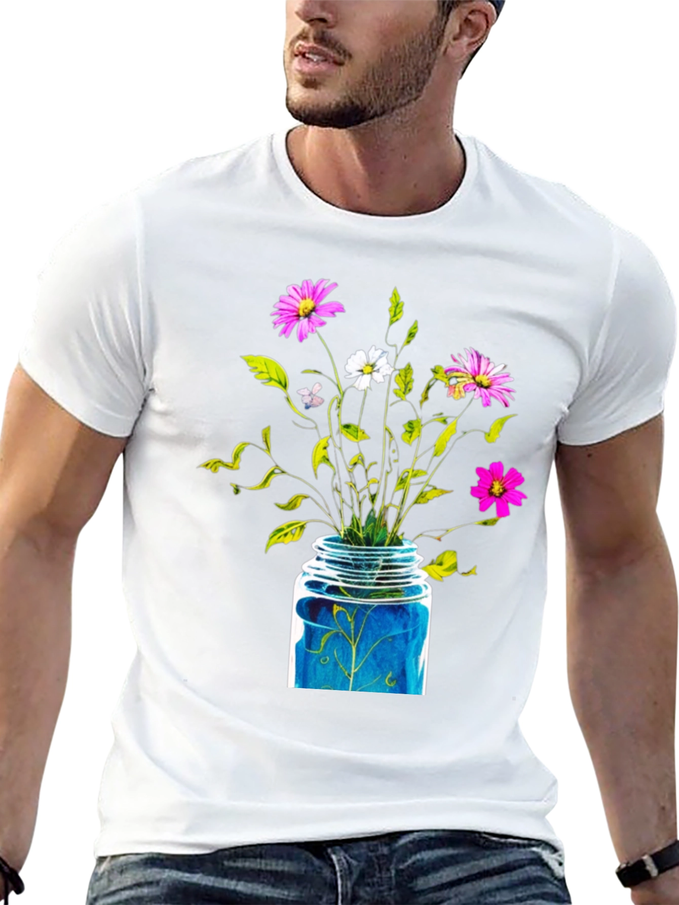 Floral Jar Graphic Tee - Black Cotton T-Shirt
