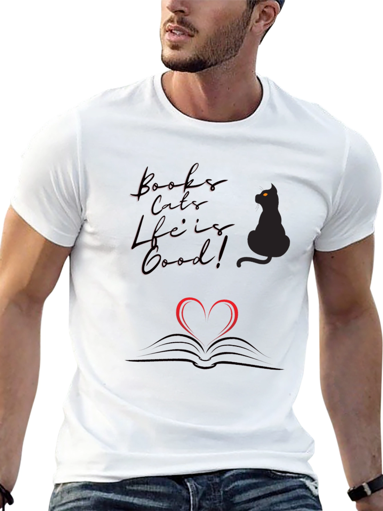 Books Cats Life is Good Black T-Shirt