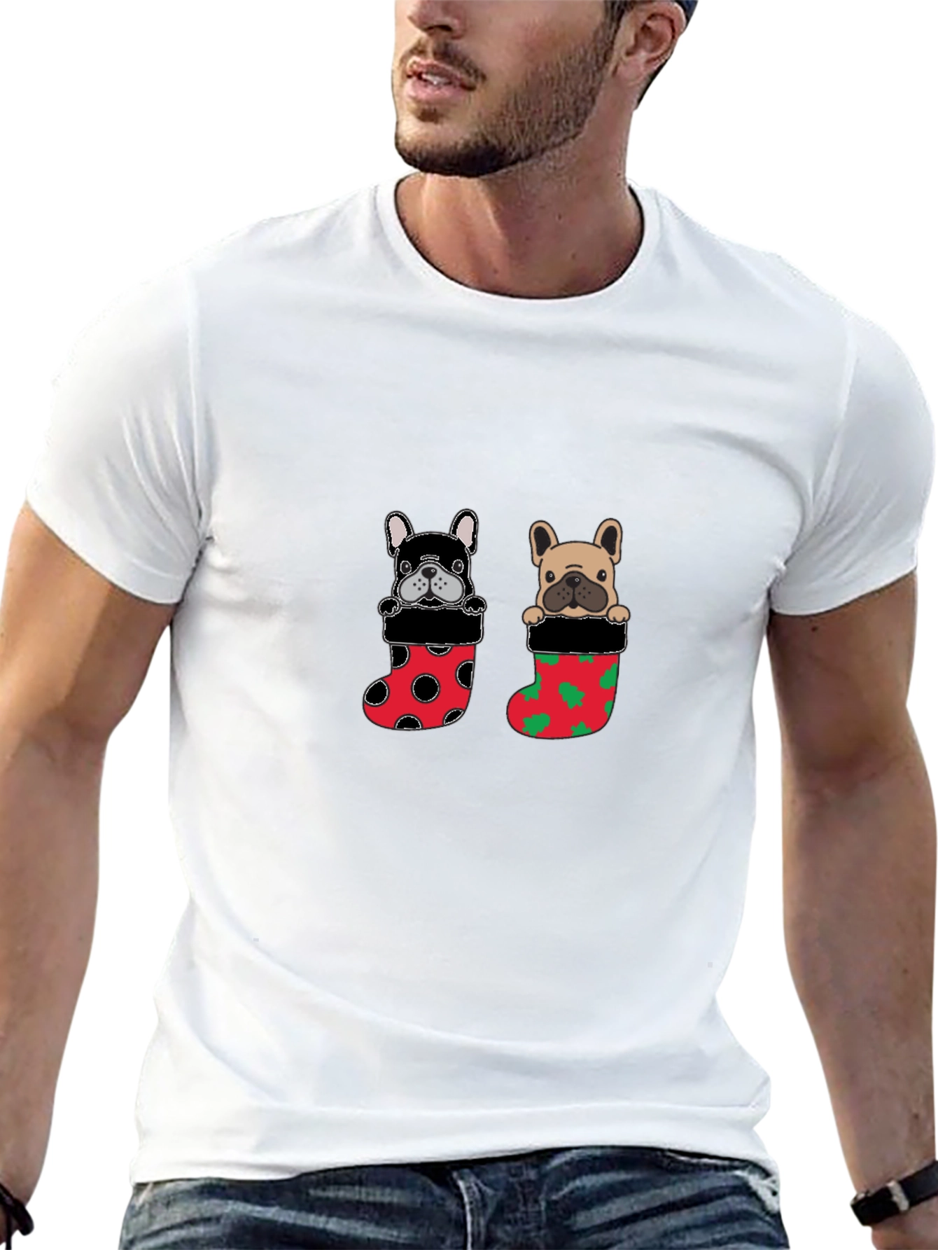 Festive Bulldog in Stocking Christmas T-Shirt