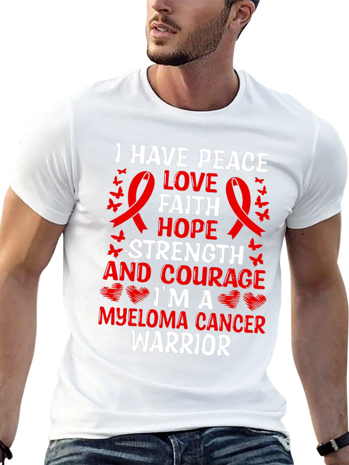 Myeloma Cancer Warrior T-Shirt: Peace Love Faith