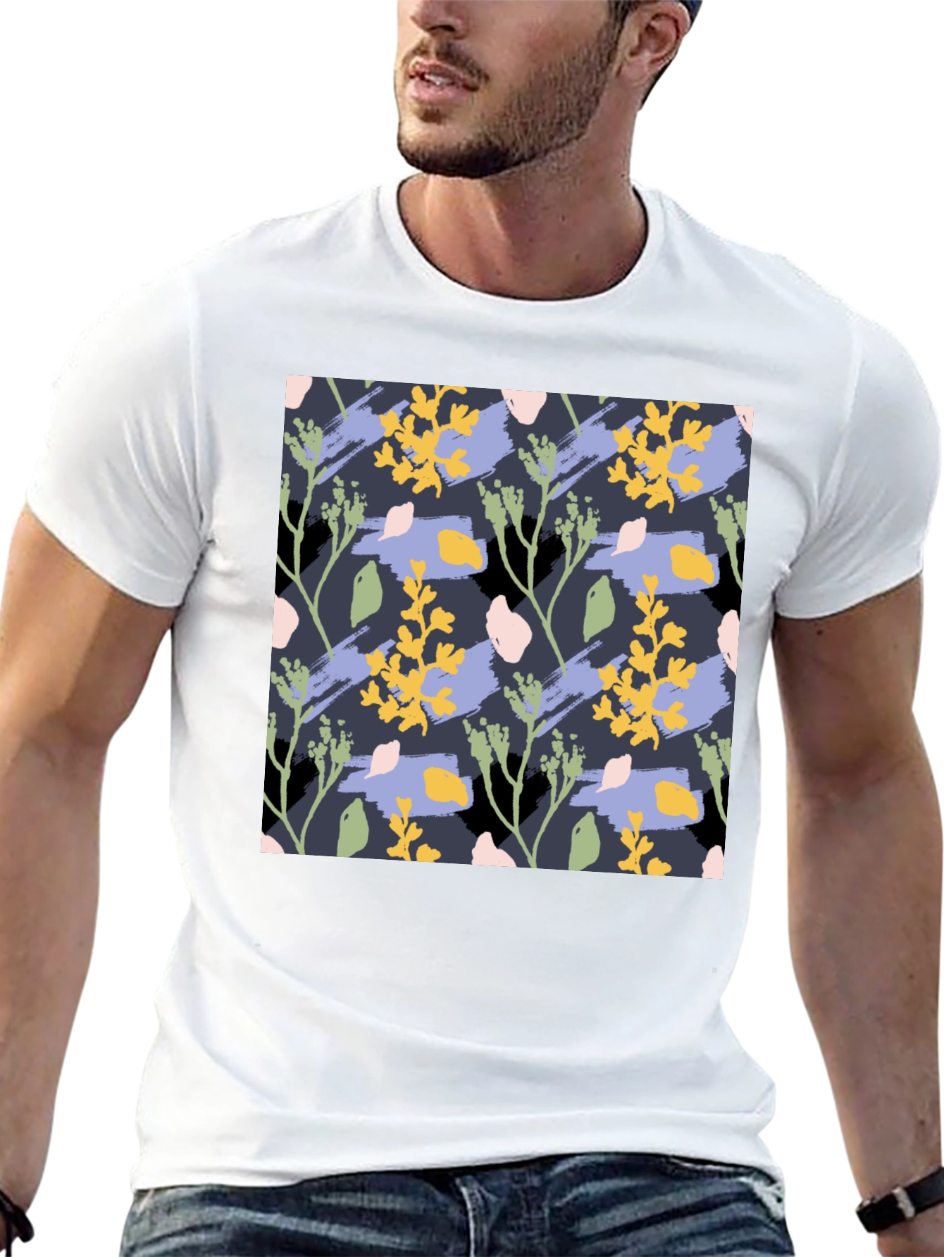 Floral Pattern Mens Black T-Shirt