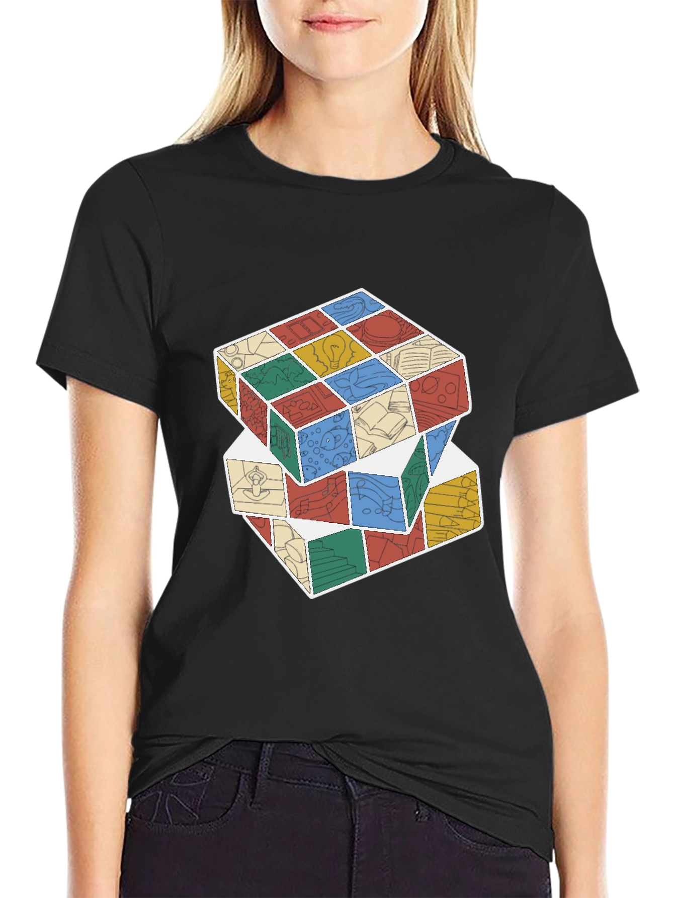 Stacked Cube Design Black T-Shirt