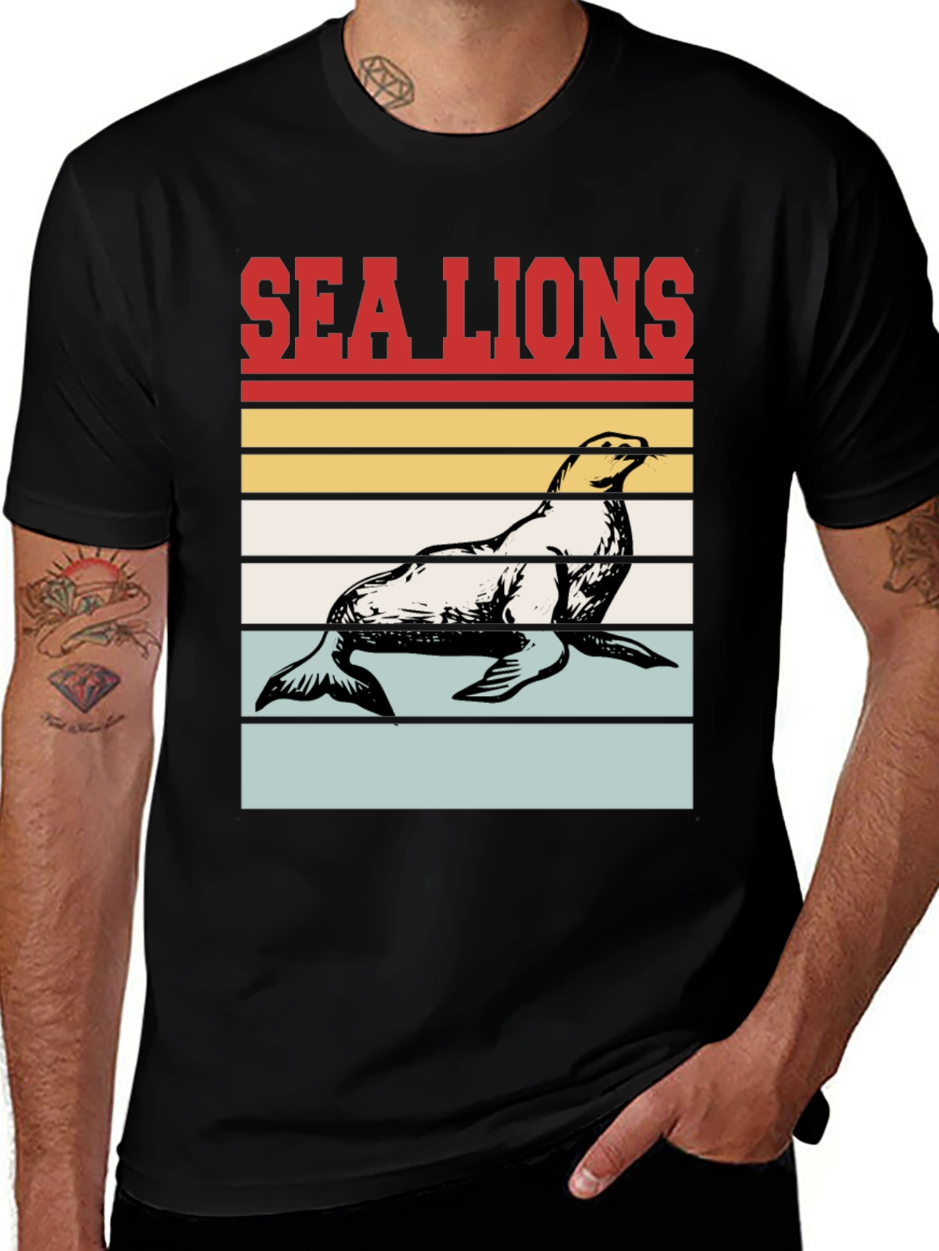 Sea Lions Retro Striped Graphic Tee