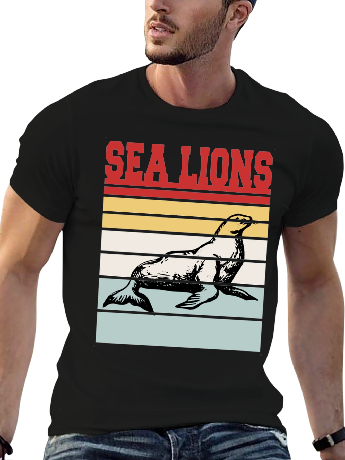 Sea Lions Retro Striped Graphic Tee