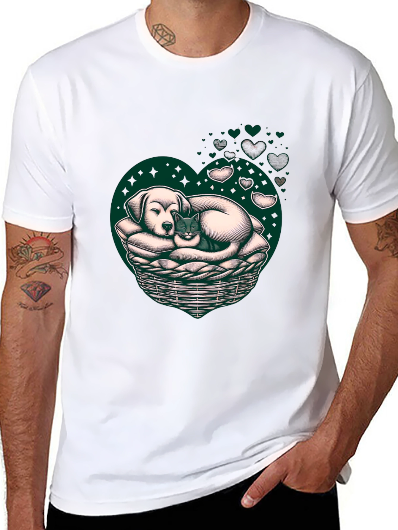 Dog and Cat Heart Basket T-Shirt