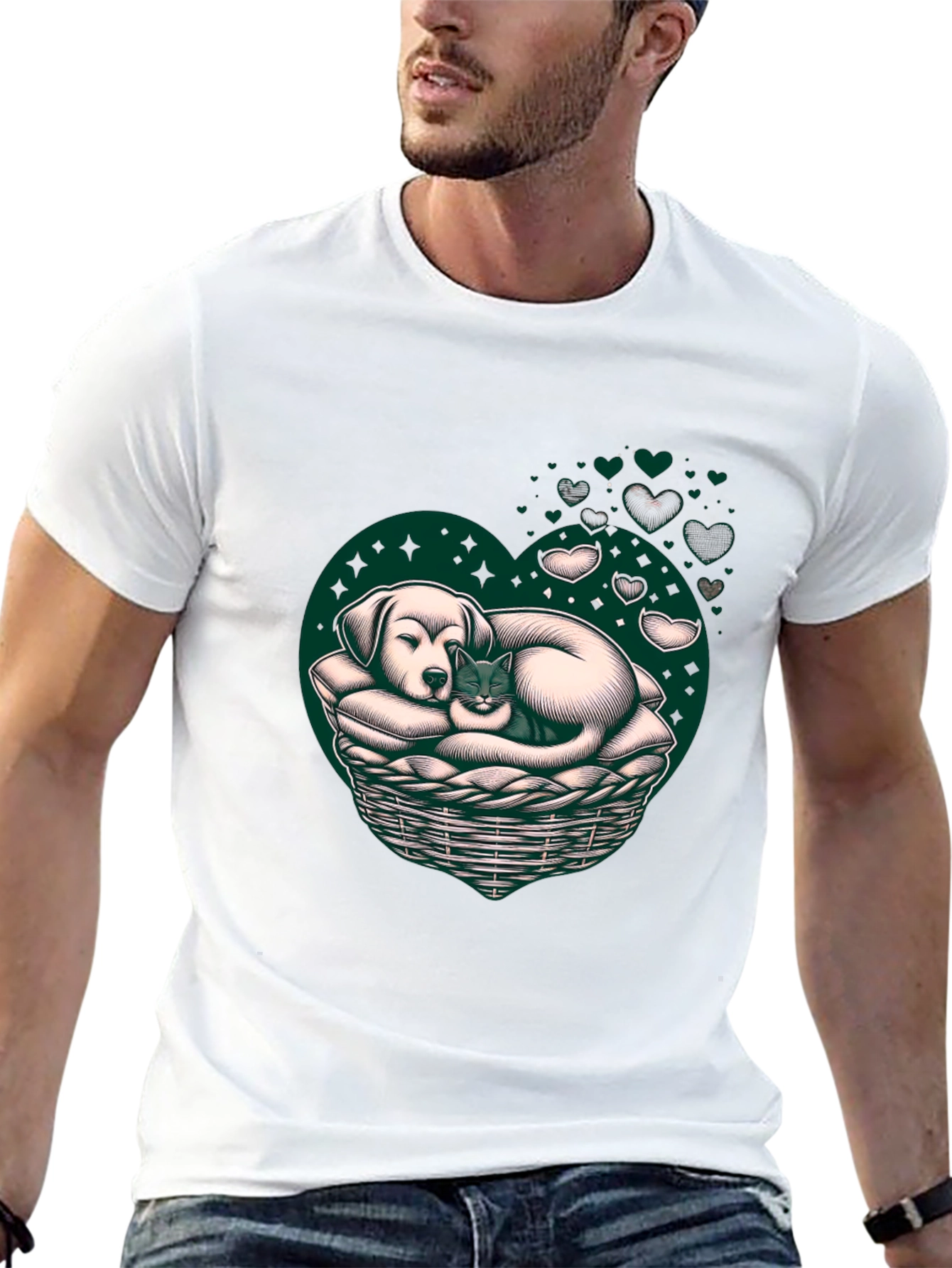 Dog and Cat Heart Basket T-Shirt