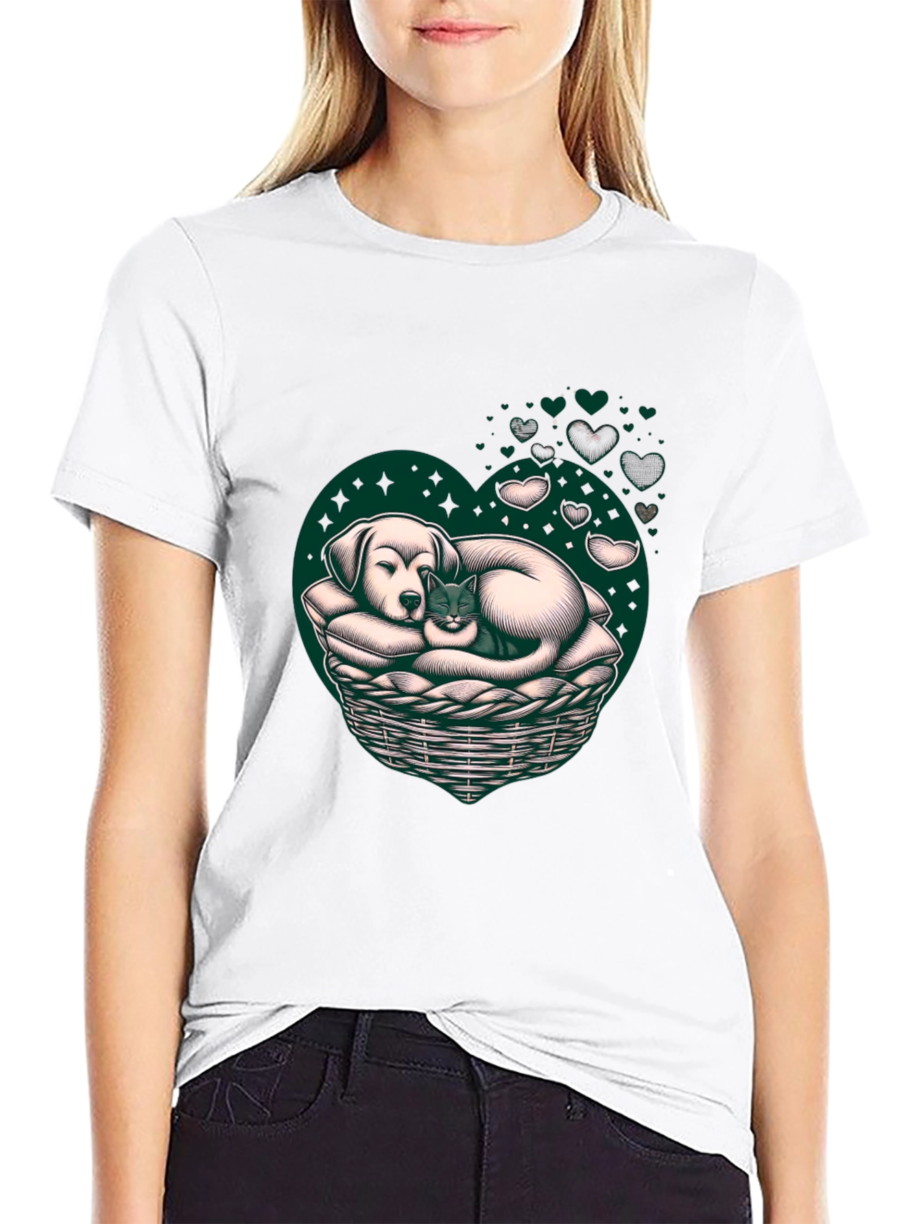 Dog and Cat Heart Basket T-Shirt