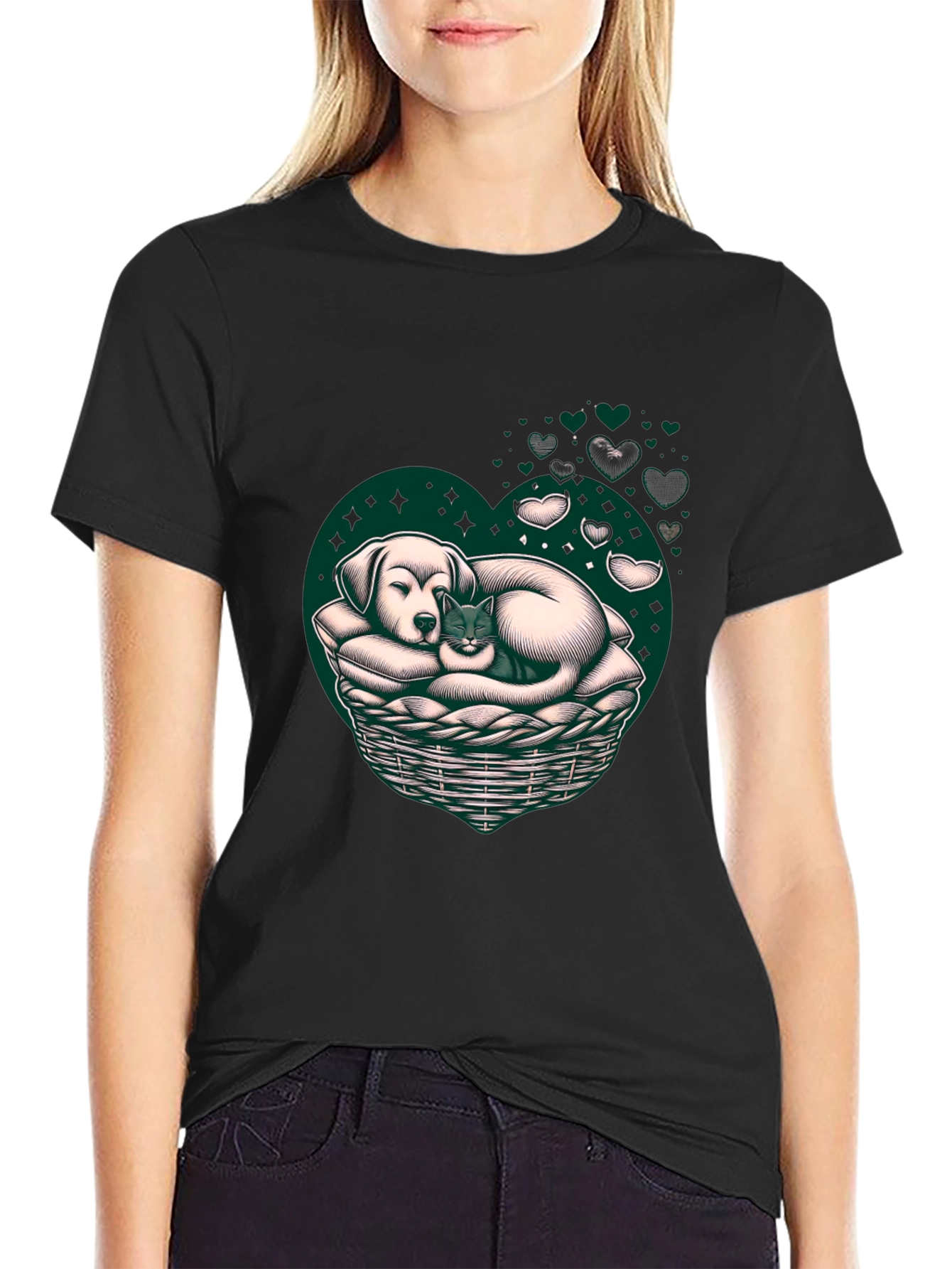 Dog and Cat Heart Basket T-Shirt