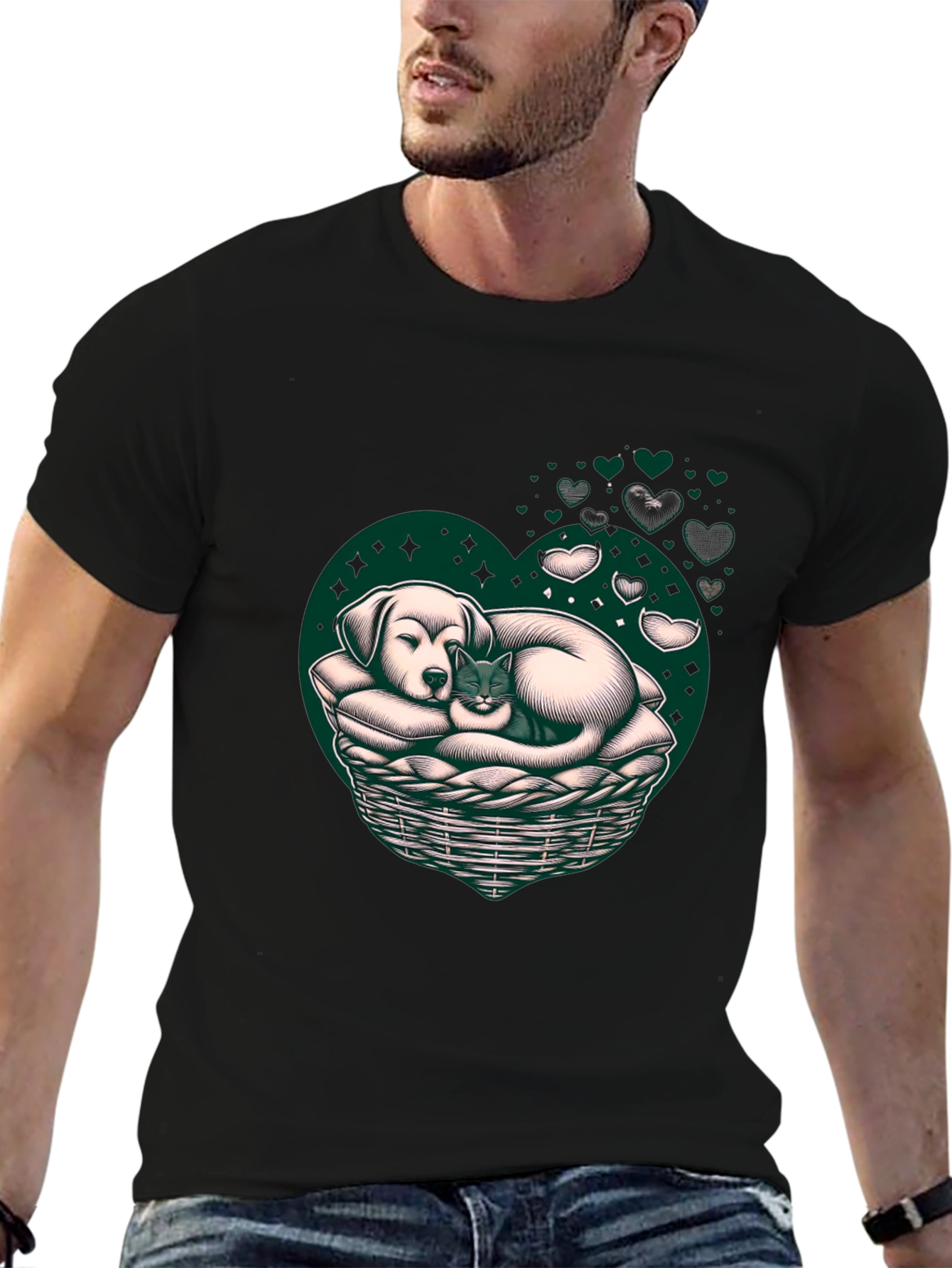 Dog and Cat Heart Basket T-Shirt