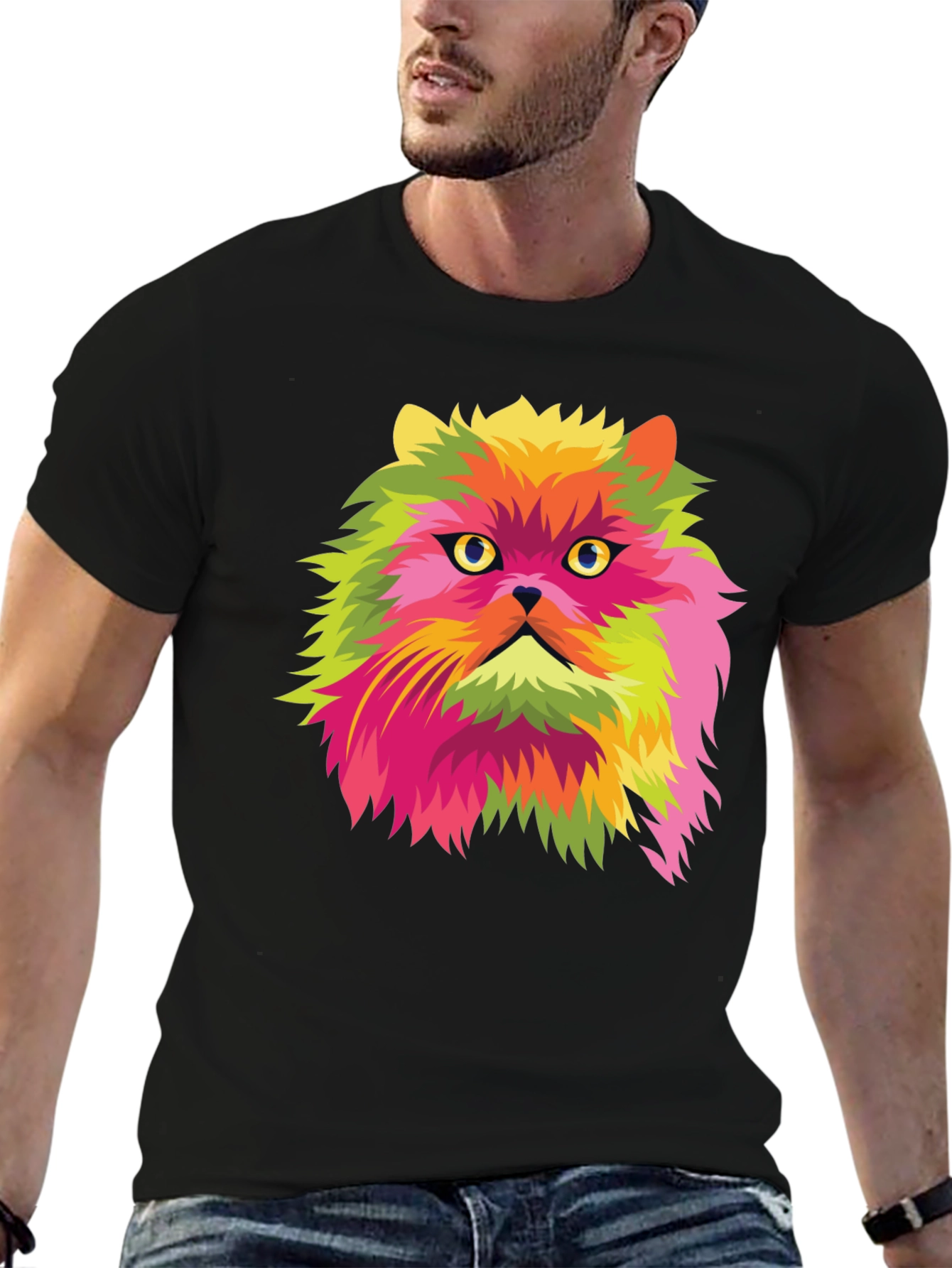 Pop Art Cat Graphic Black T-Shirt