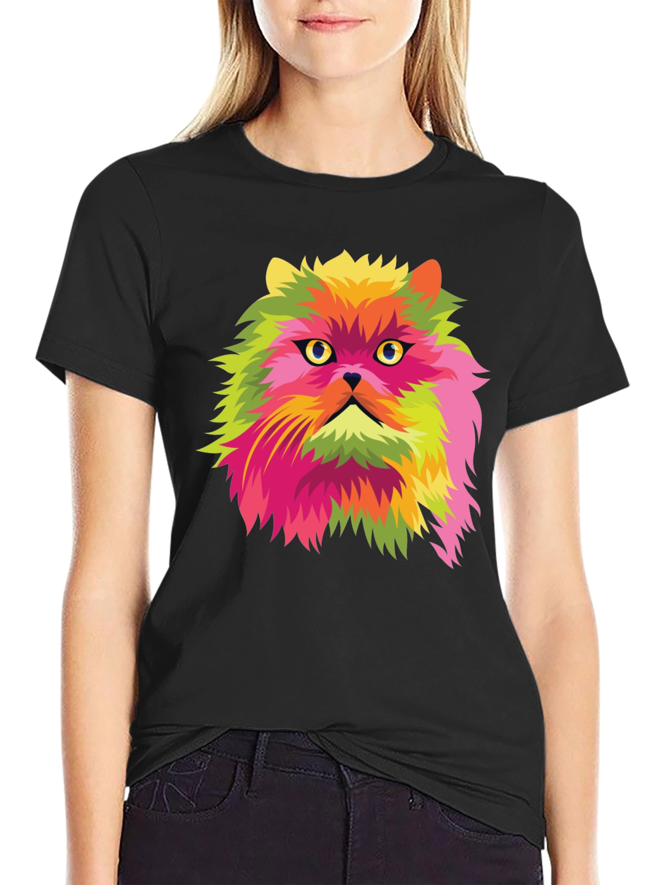 Pop Art Cat Graphic Black T-Shirt