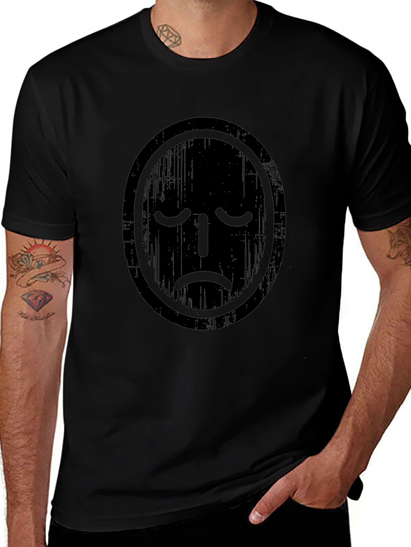Distressed Sad Face Graphic Tee - Black Casual T-Shirt