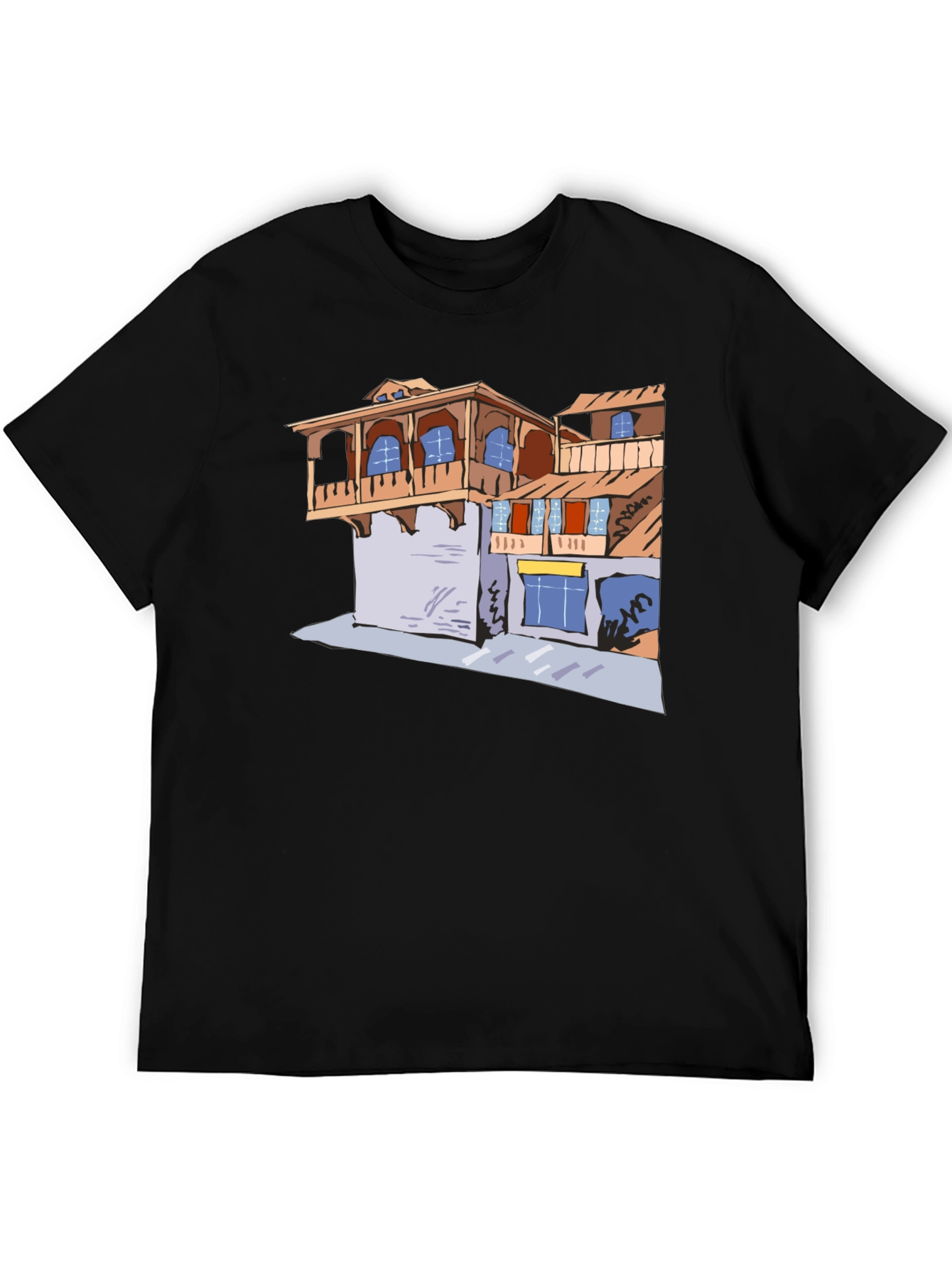 Black T-Shirt with Building Print