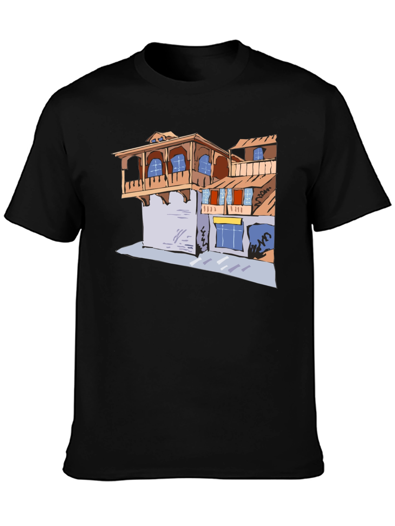 Black T-Shirt with Building Print