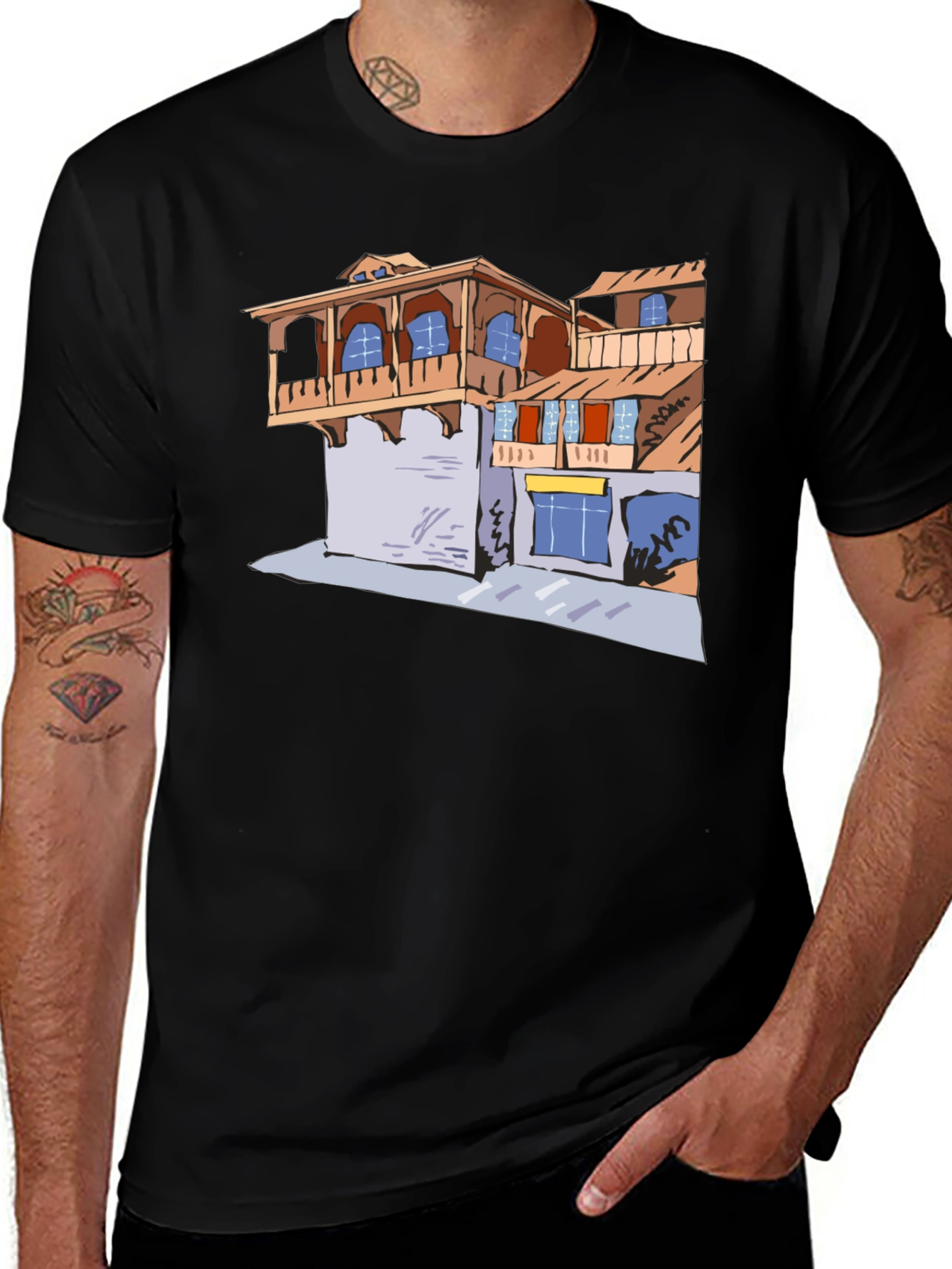 Black T-Shirt with Building Print