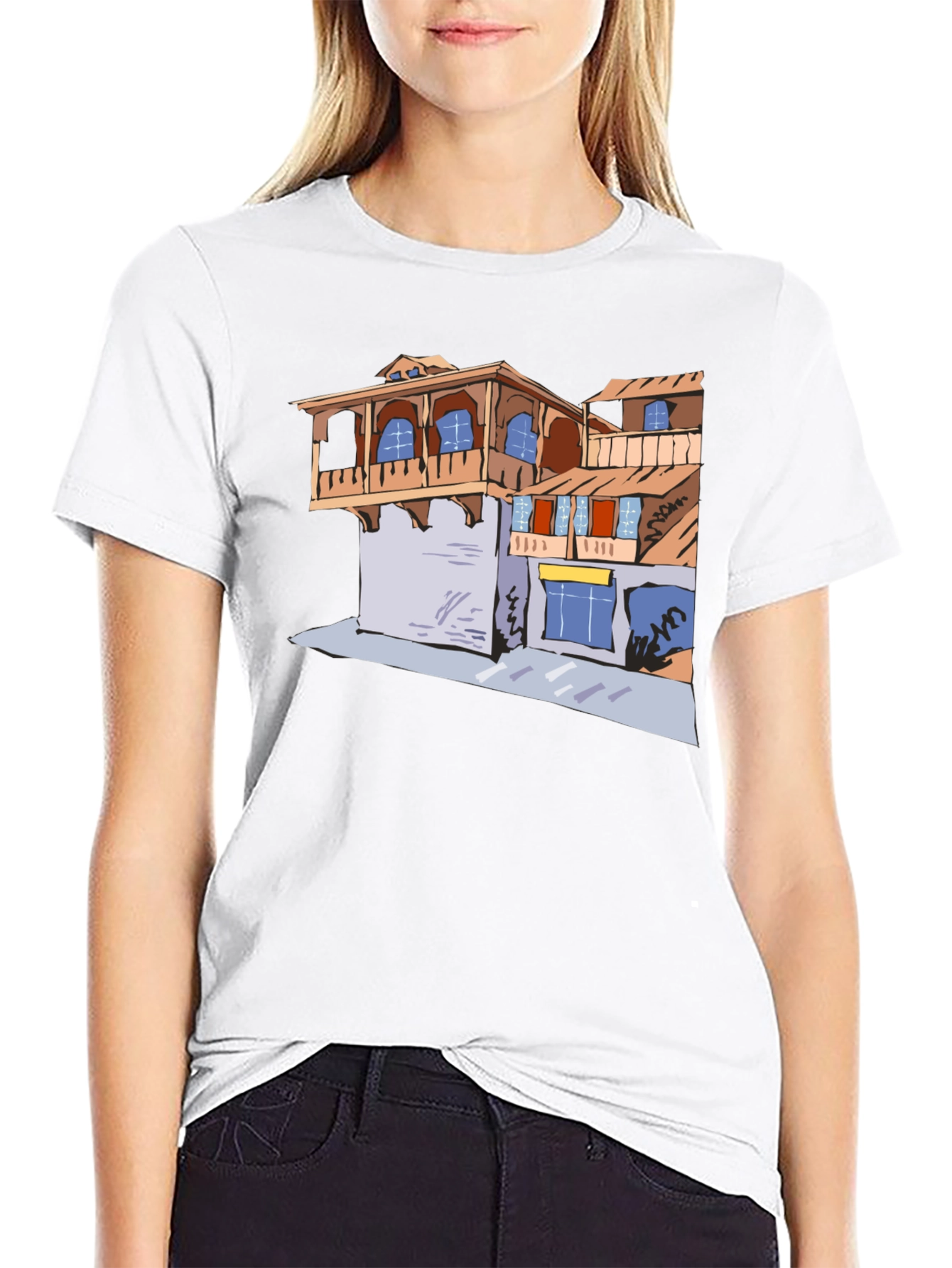 Black T-Shirt with Building Print