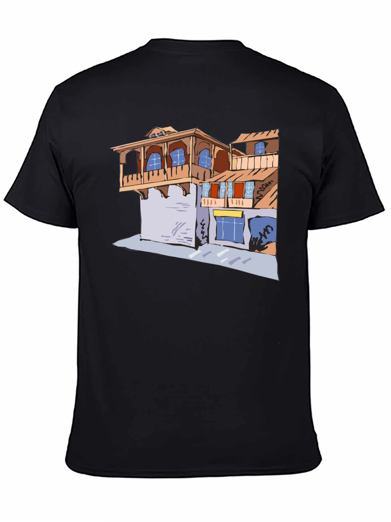 Black T-Shirt with Building Print