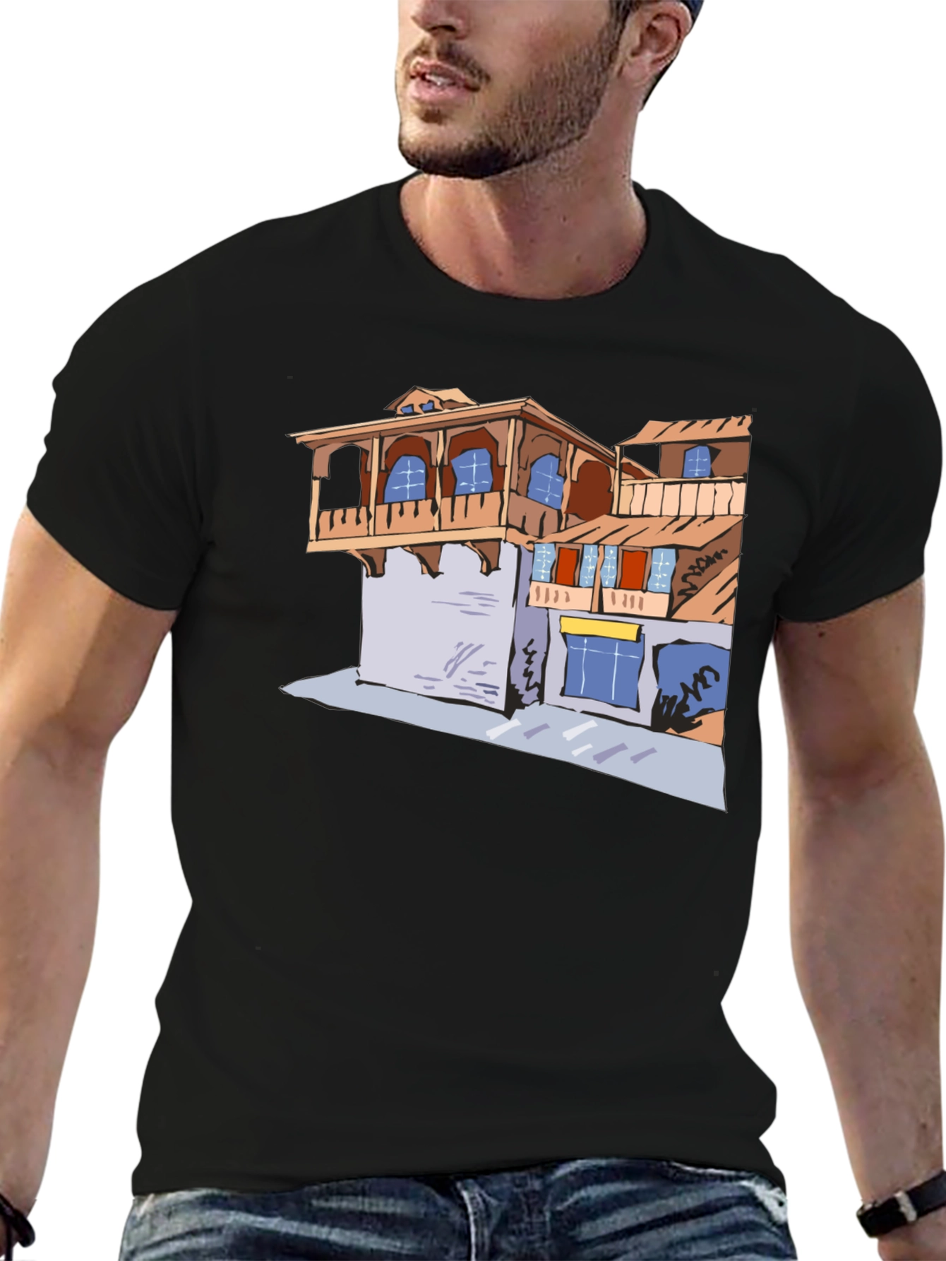 Black T-Shirt with Building Print
