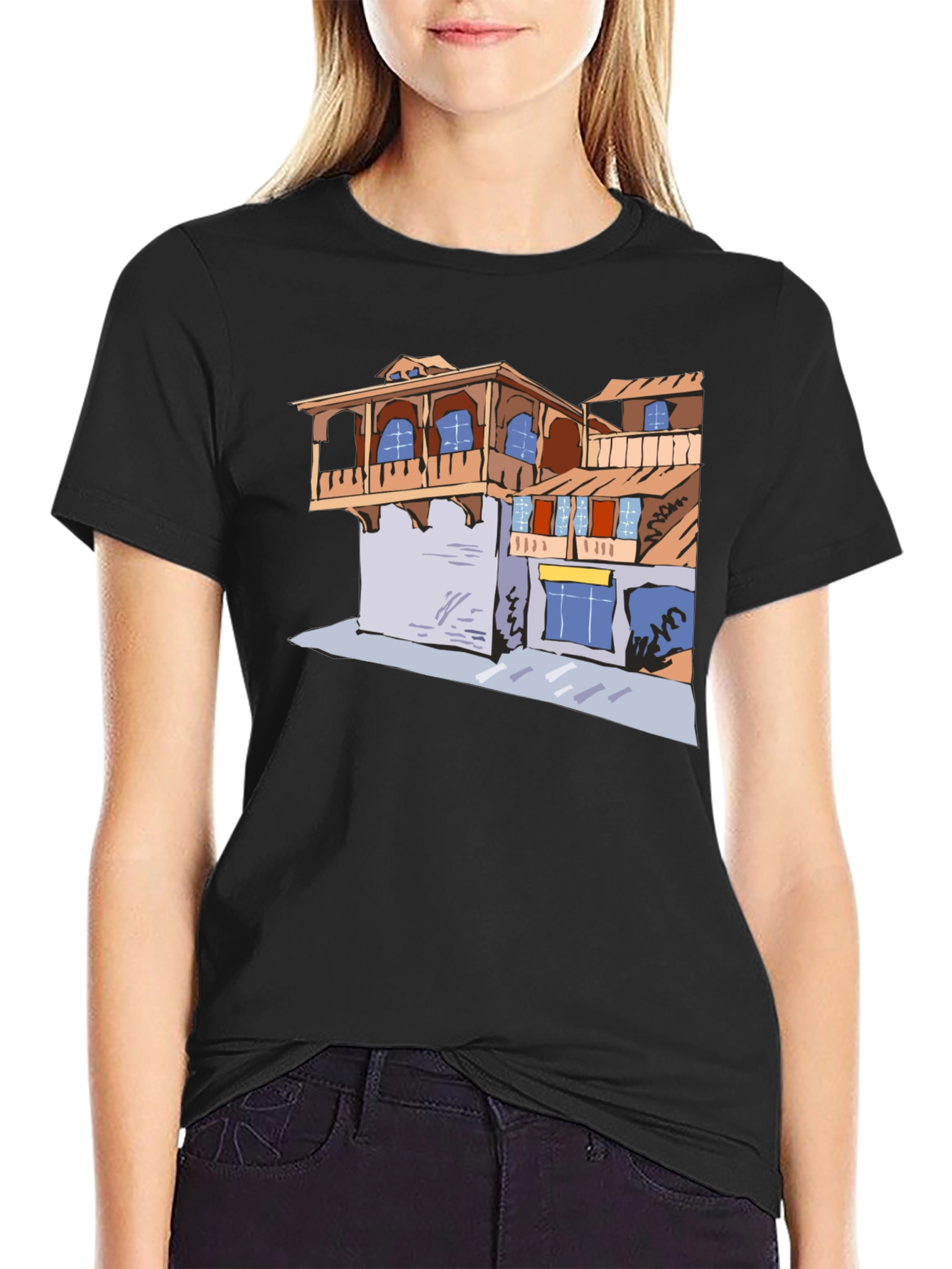 Black T-Shirt with Building Print
