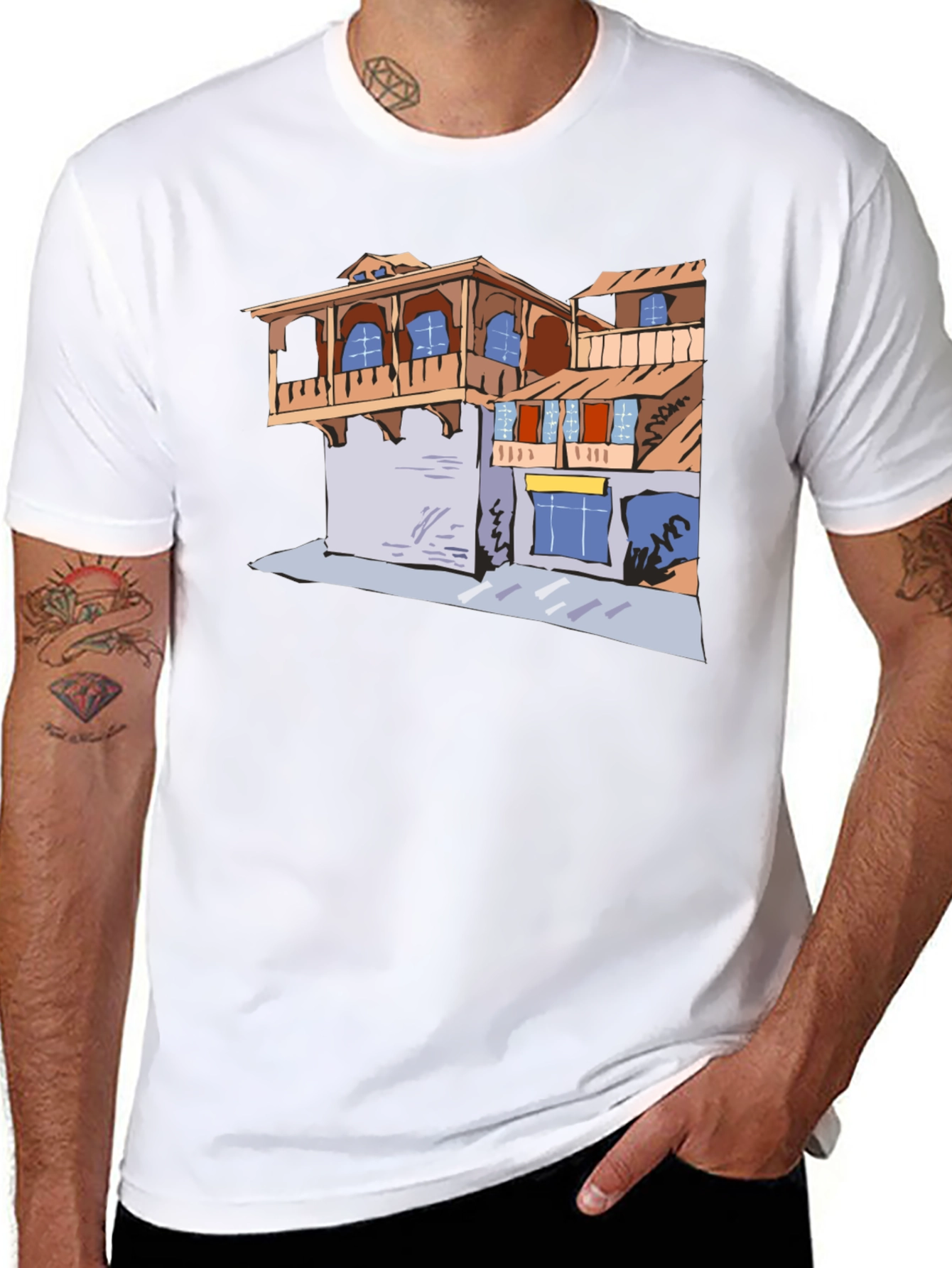 Black T-Shirt with Building Print