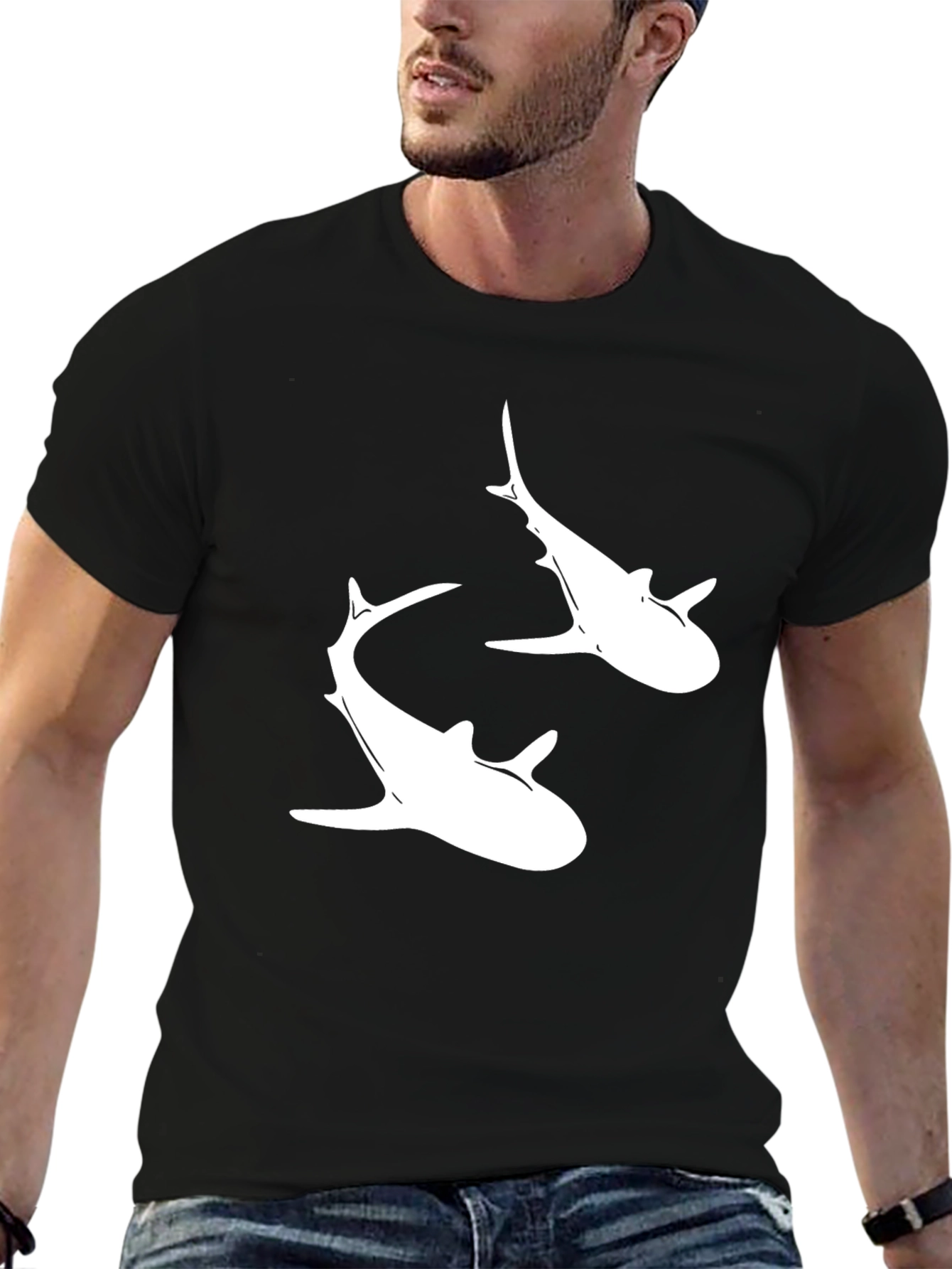 Shark Graphic Tee - Black Cotton Crew Neck T-Shirt