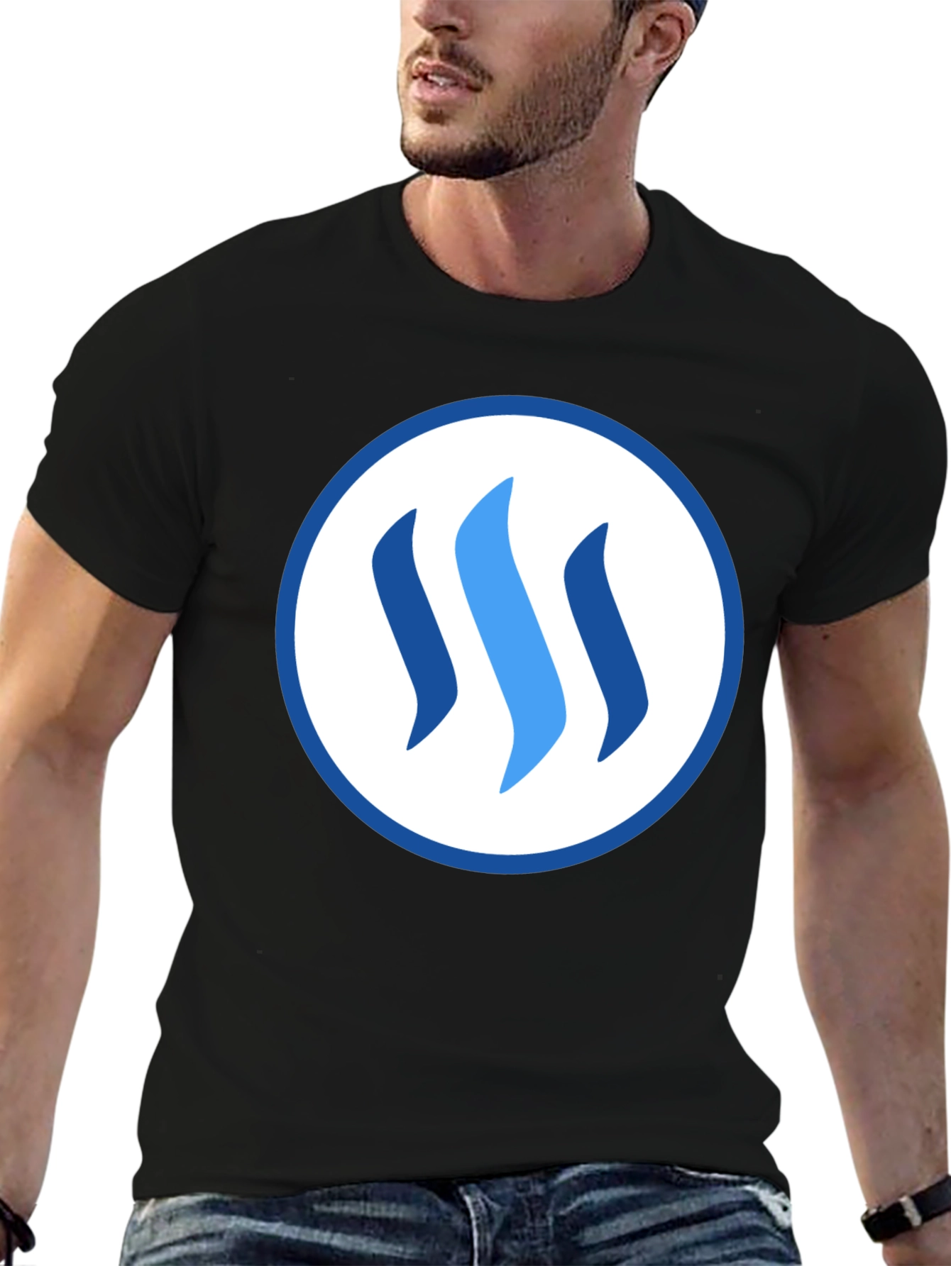 Stylish Blue Logo Graphic Black T-Shirt