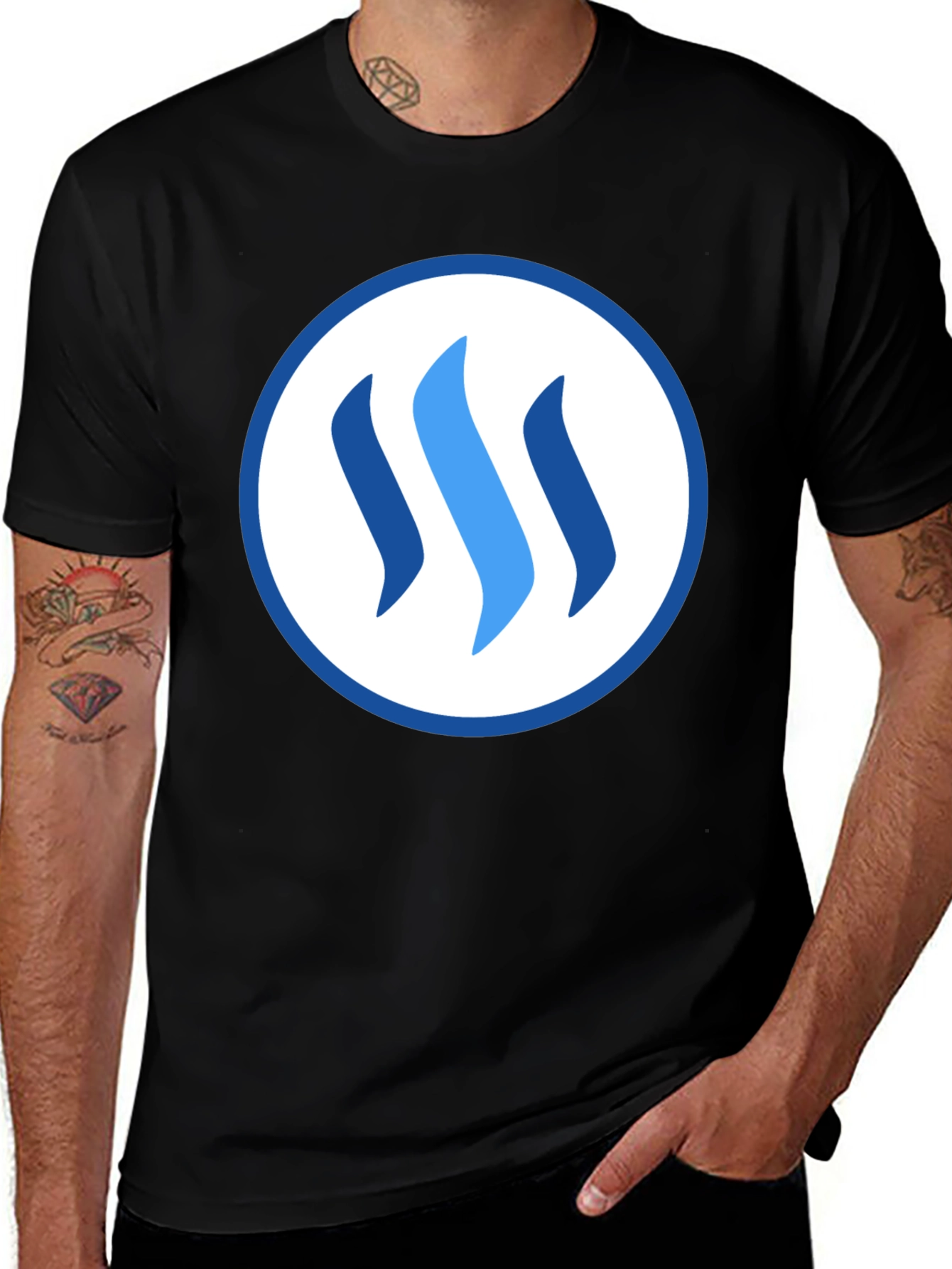 Stylish Blue Logo Graphic Black T-Shirt