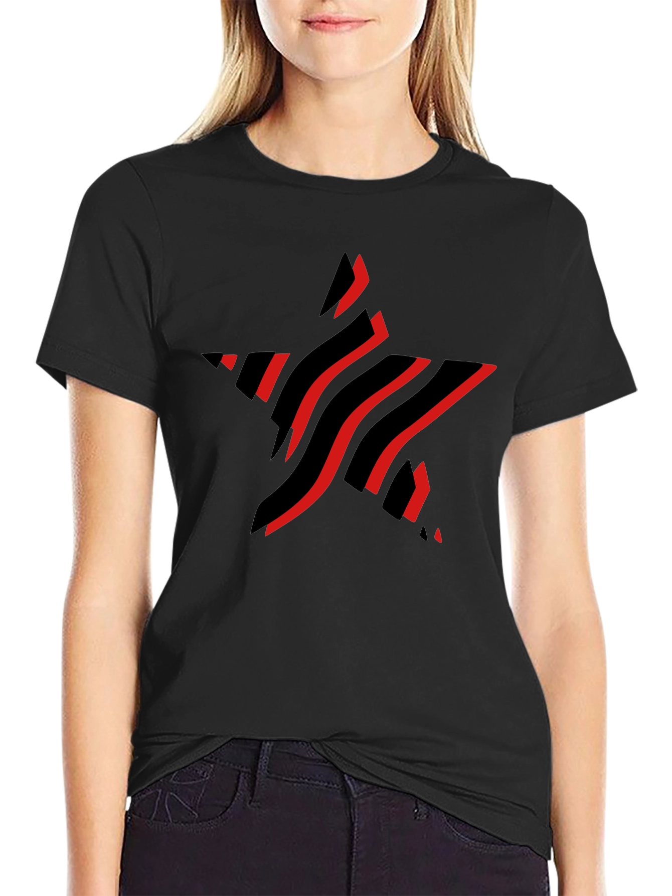 Stylish Black T-Shirt with Red Star Graphic Design