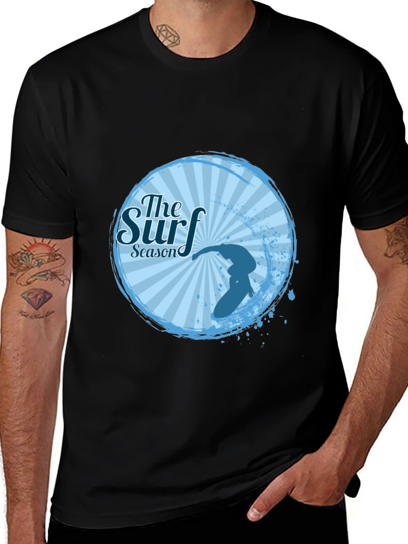 Surf Season Black T-Shirt Surfer Design