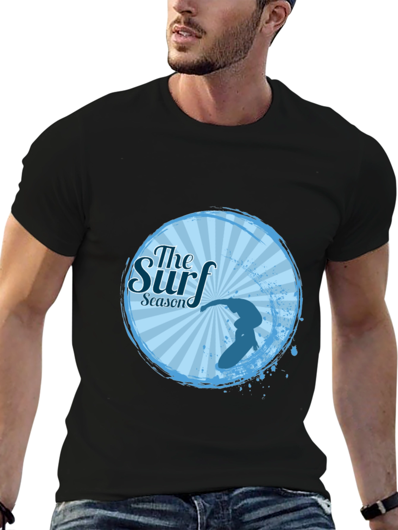 Surf Season Black T-Shirt Surfer Design