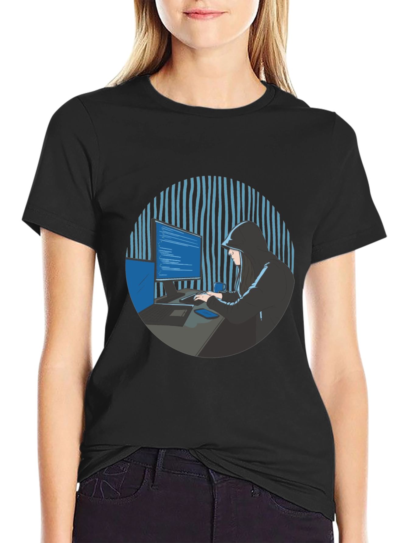 Hacker Graphic Tee - Black Crew Neck T-Shirt