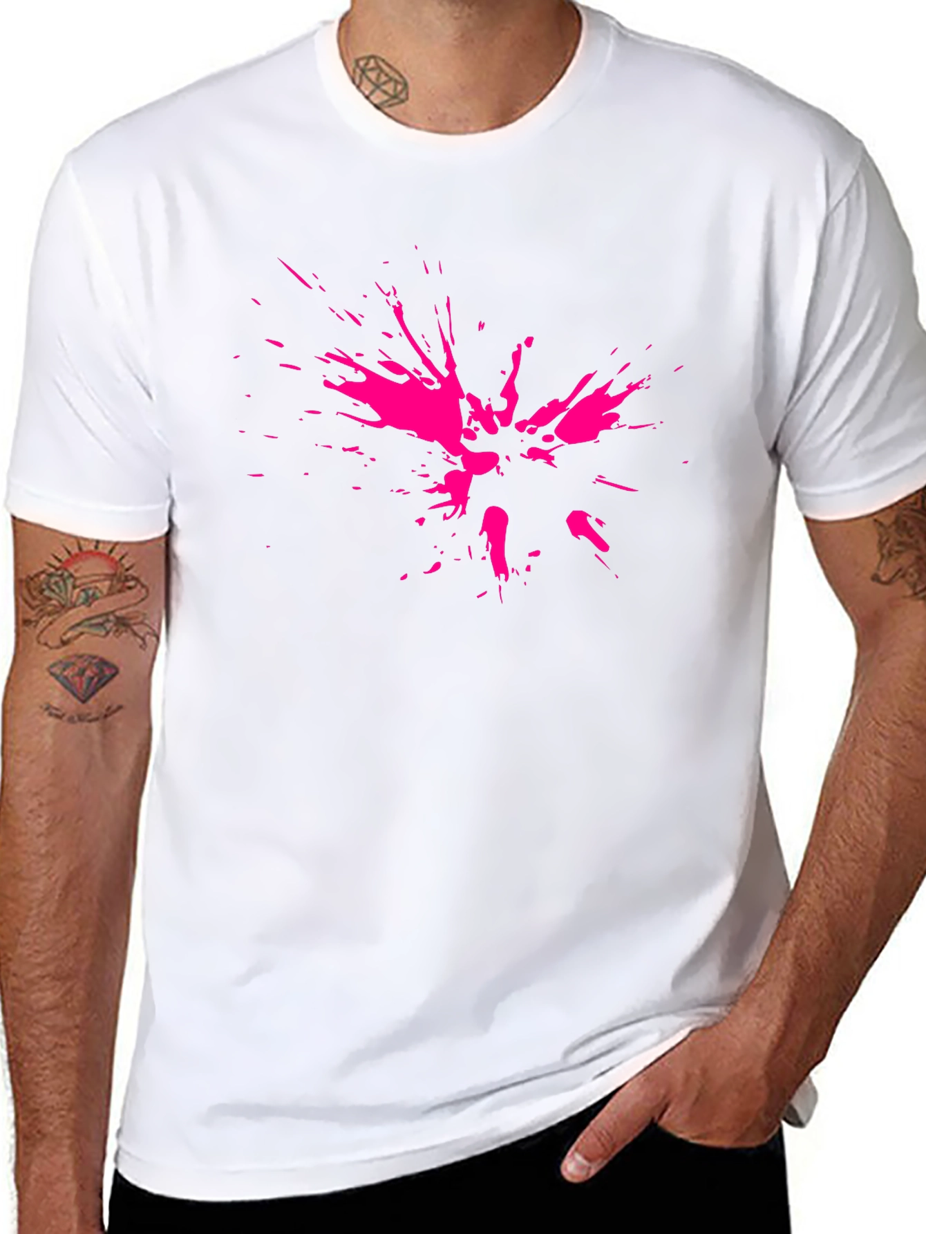 Abstract Pink Splatter Print Black T-Shirt