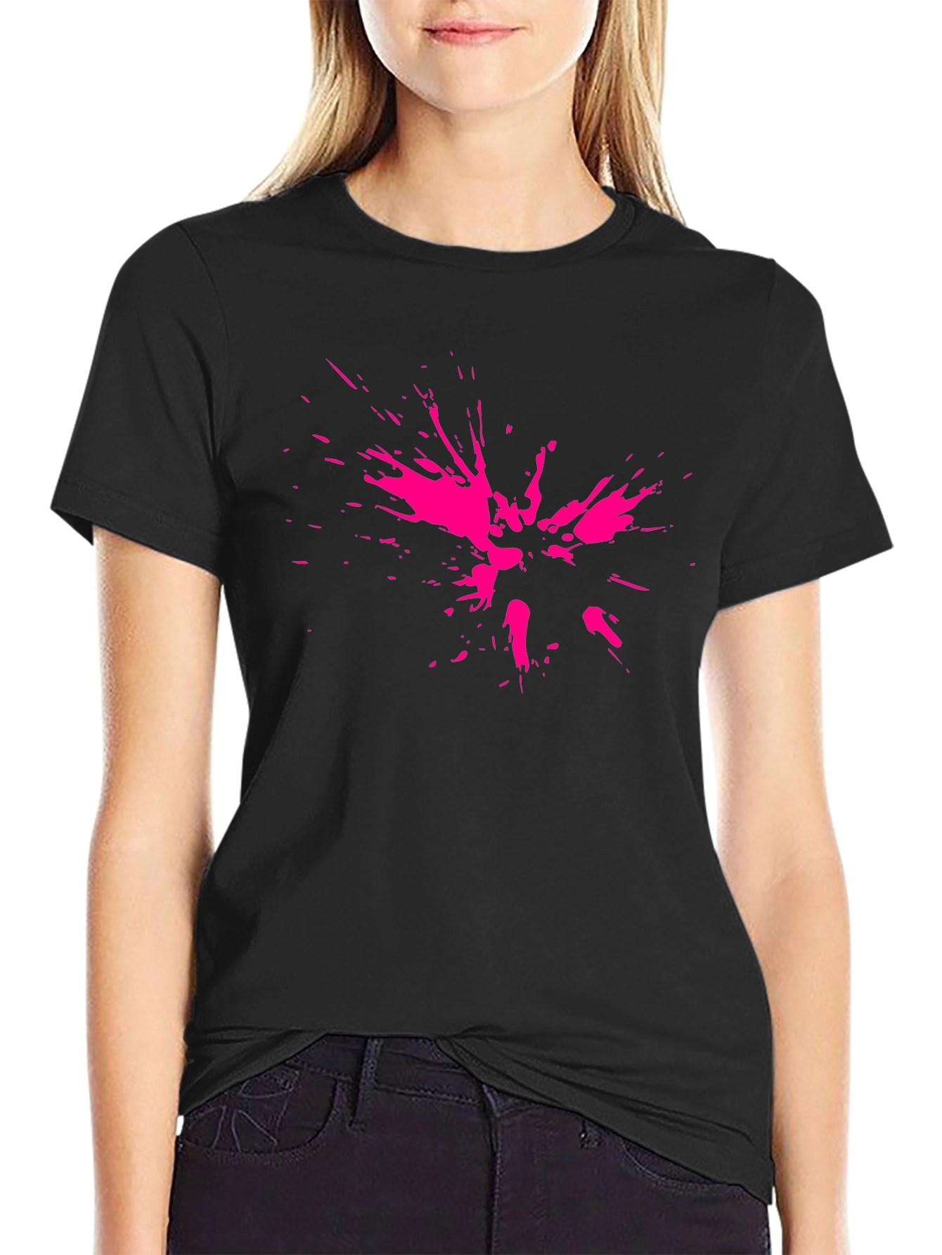 Abstract Pink Splatter Print Black T-Shirt