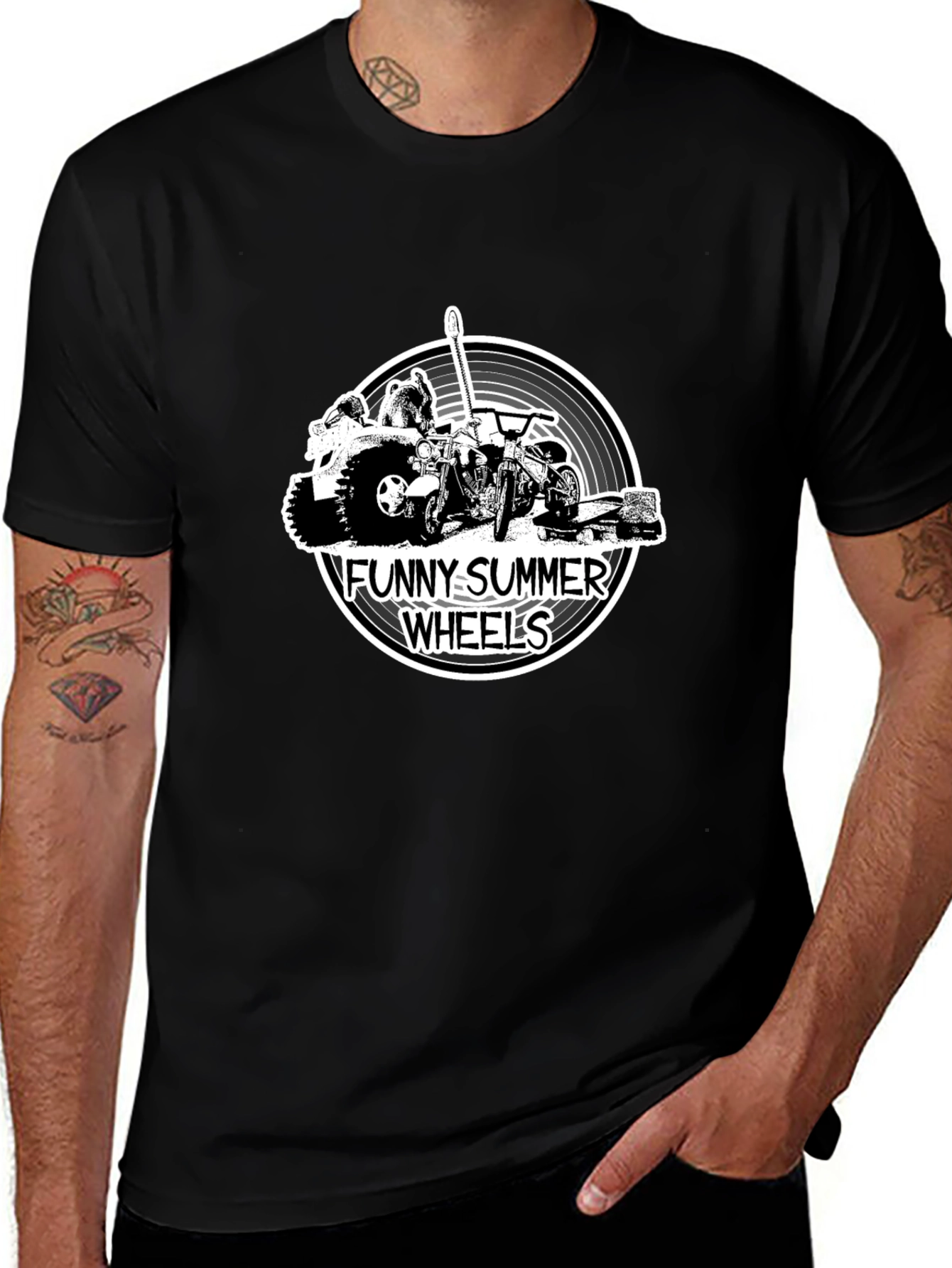 Funny Summer Wheels Black Graphic T-Shirt