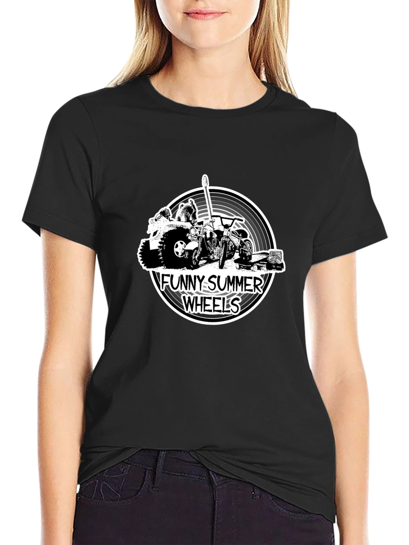 Funny Summer Wheels Black Graphic T-Shirt