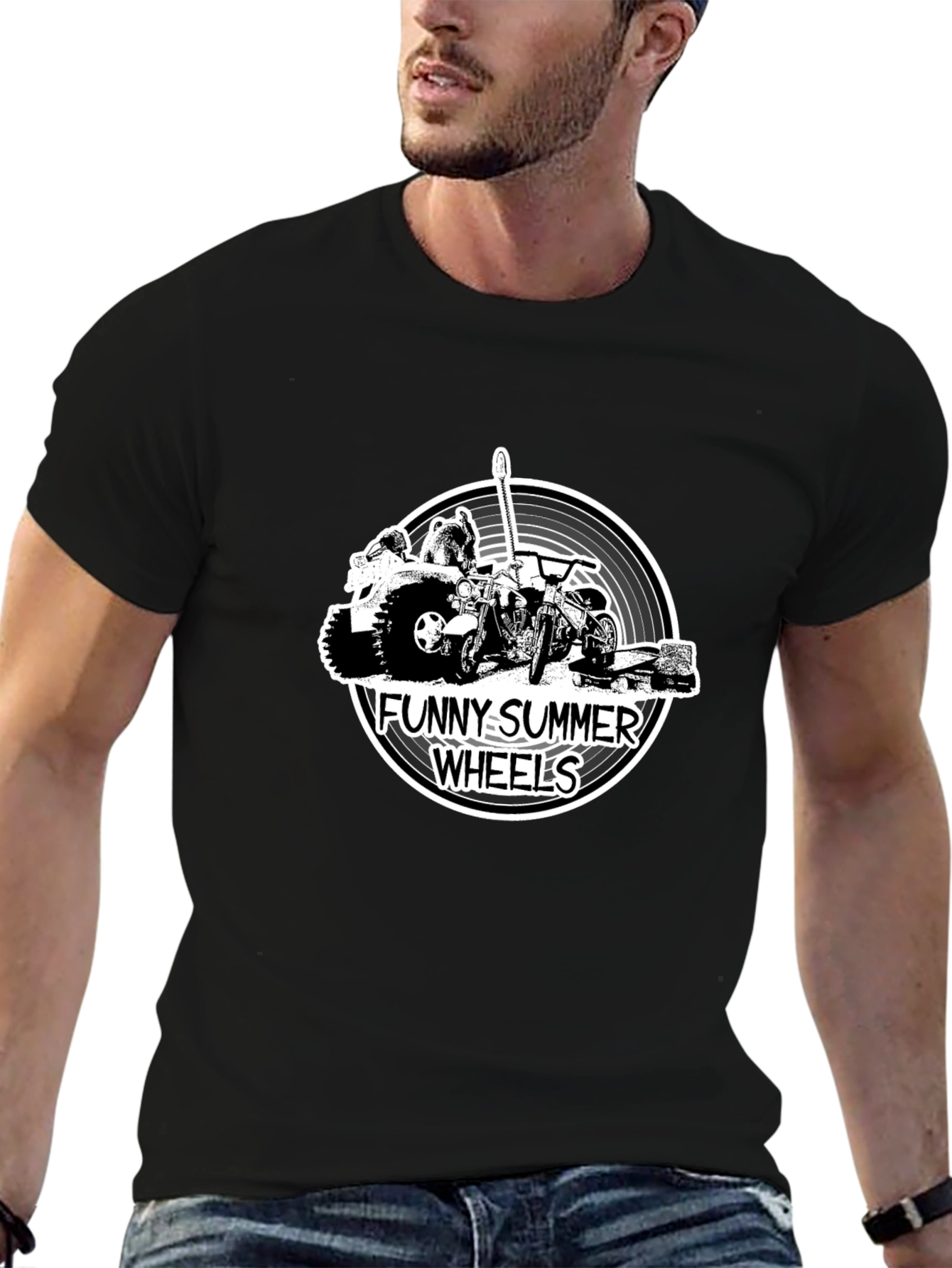 Funny Summer Wheels Black Graphic T-Shirt