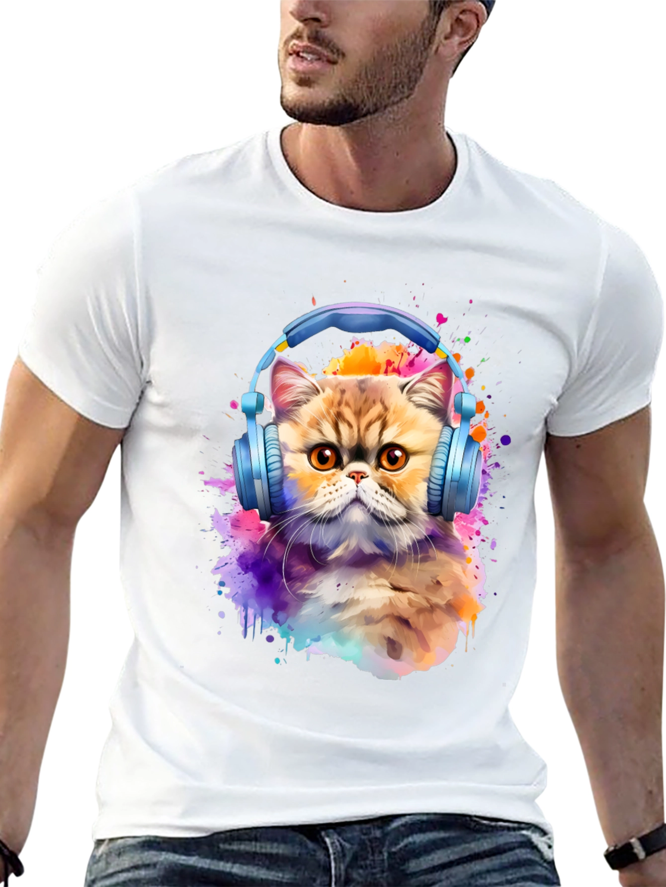 Cat with Headphones T-Shirt - Artistic Animal Tee