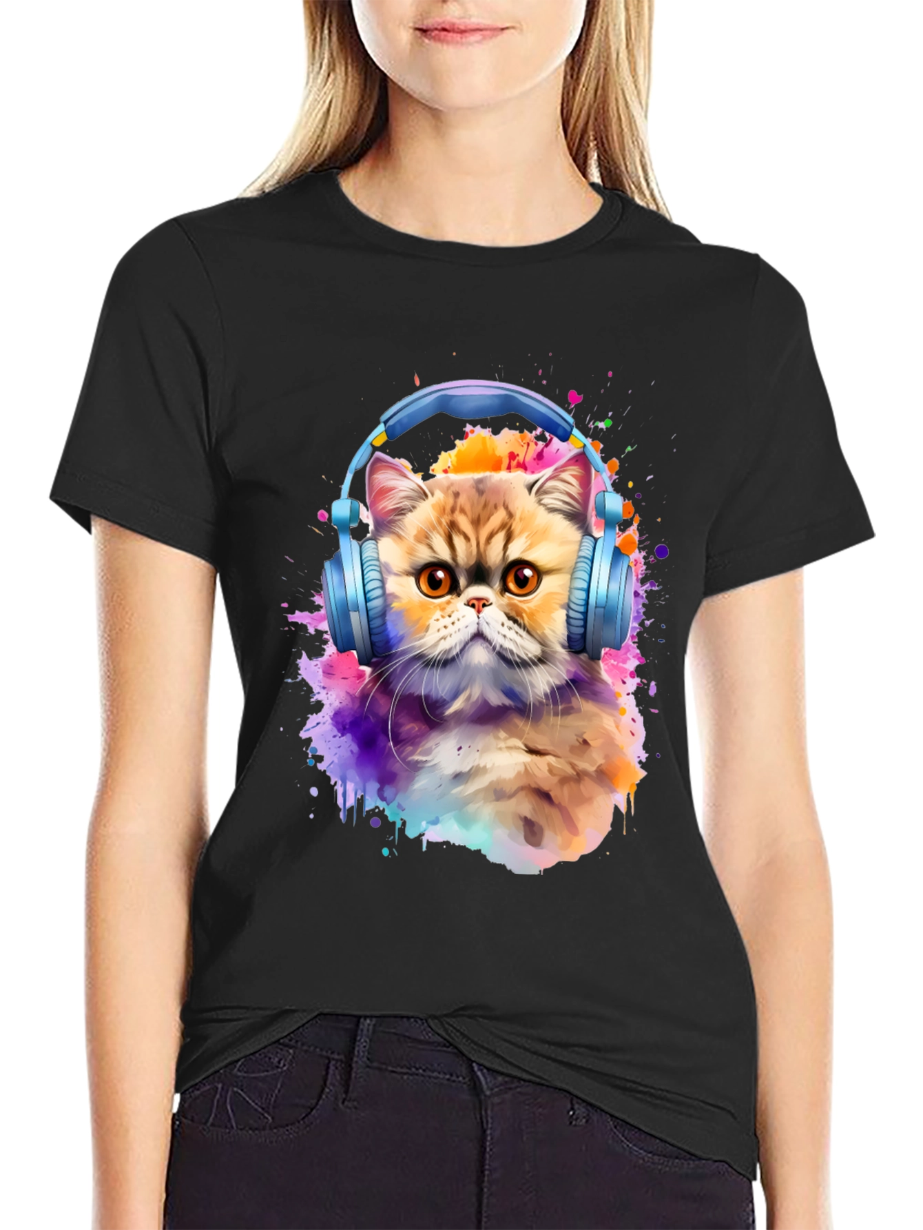Cat with Headphones T-Shirt - Artistic Animal Tee