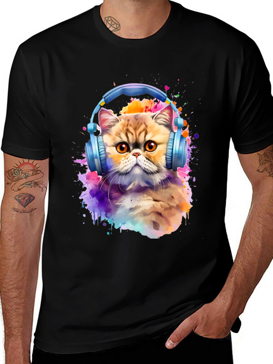 Cat with Headphones T-Shirt - Artistic Animal Tee