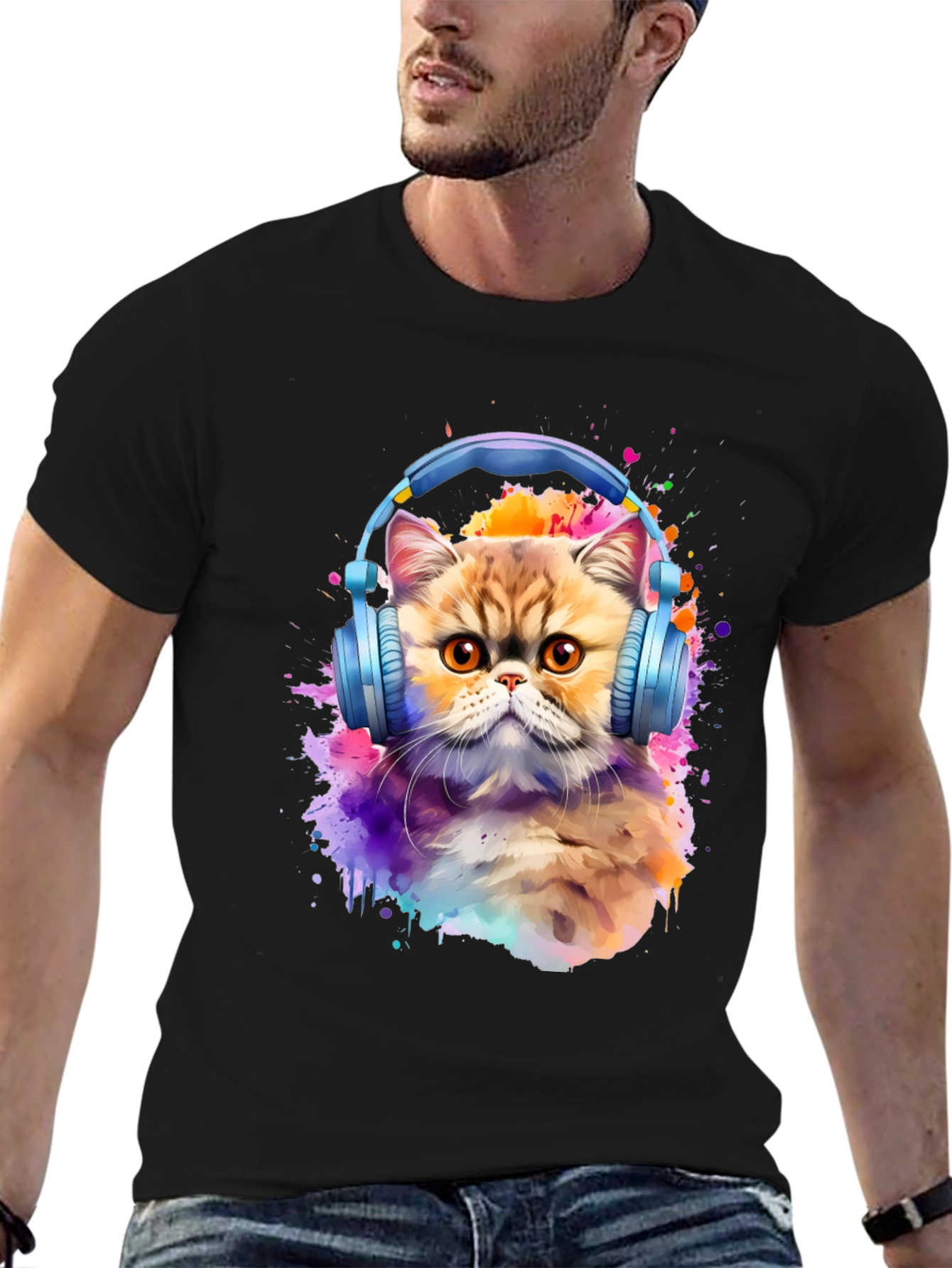 Cat with Headphones T-Shirt - Artistic Animal Tee